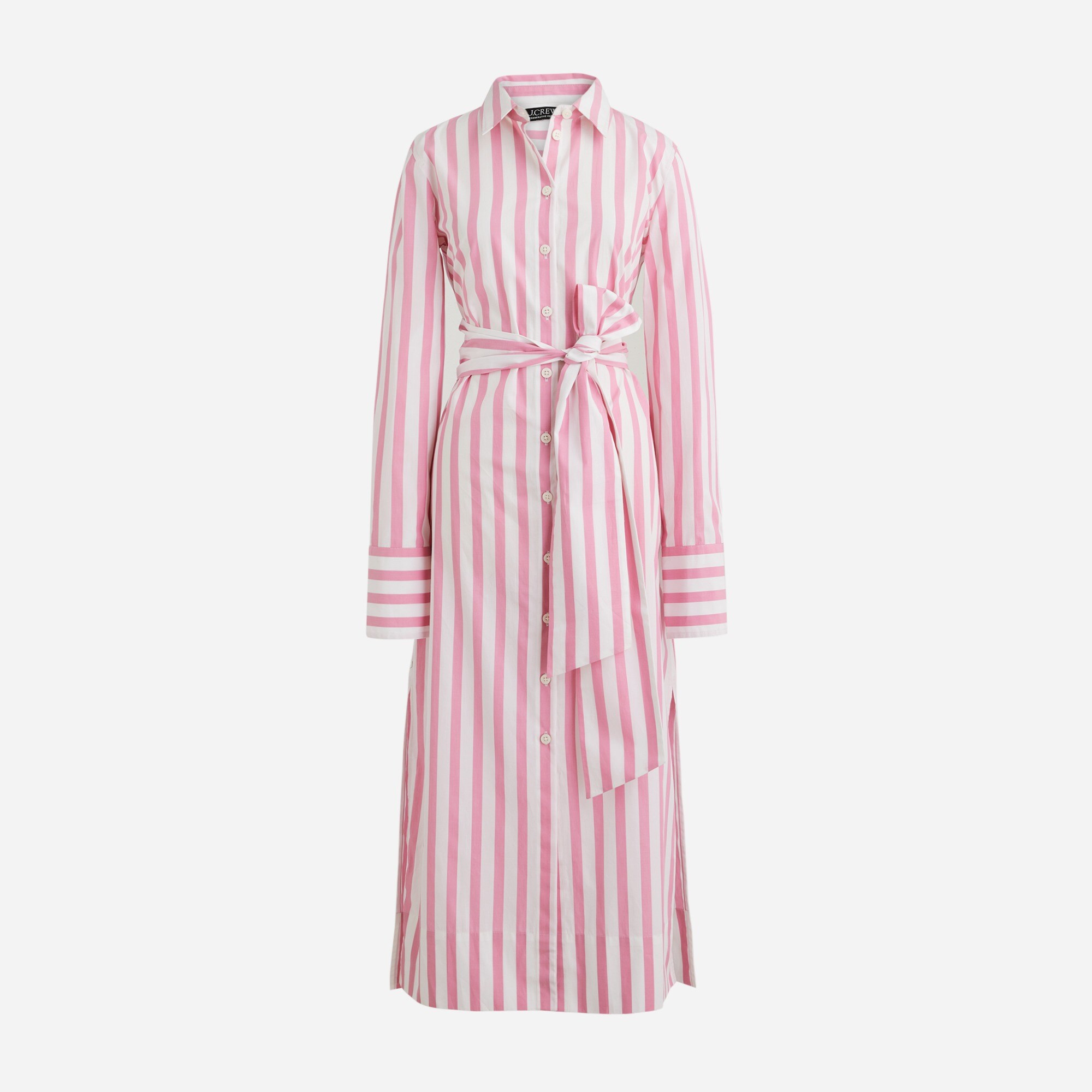 Long-sleeve button-up shirt-dress in pink striped poplin