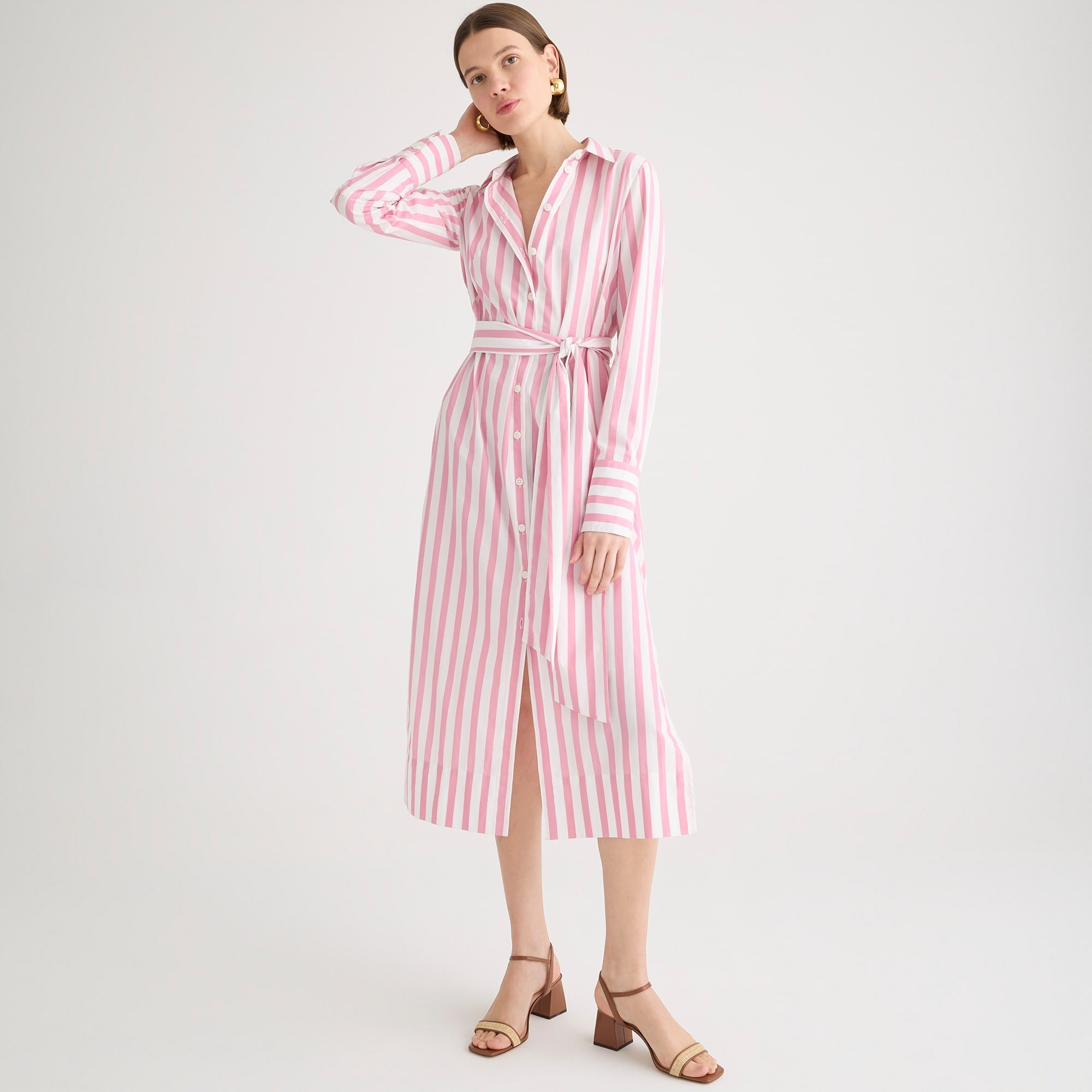  Long-sleeve button-up shirtdress in pink striped poplin