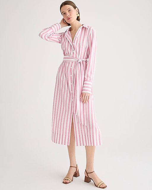 womens Long-sleeve button-up shirtdress in pink striped poplin