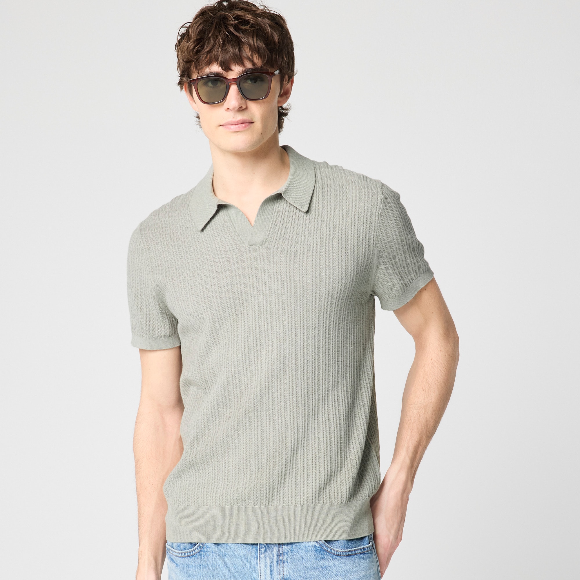 Textured Johnny-collar sweater polo