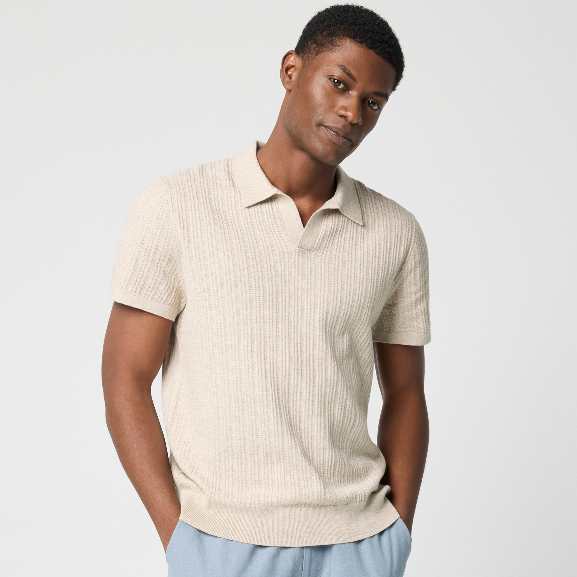 mens Textured Johnny-collar sweater polo