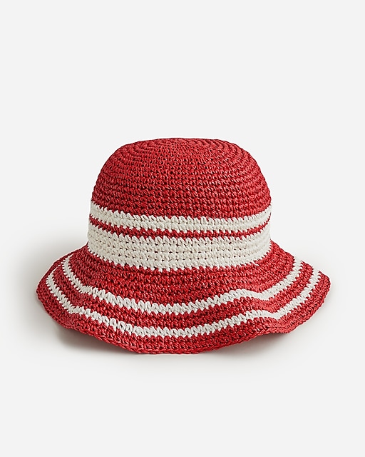 womens Round packable hat in striped faux raffia