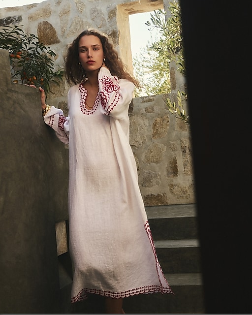 womens Bungalow embroidered dress in linen