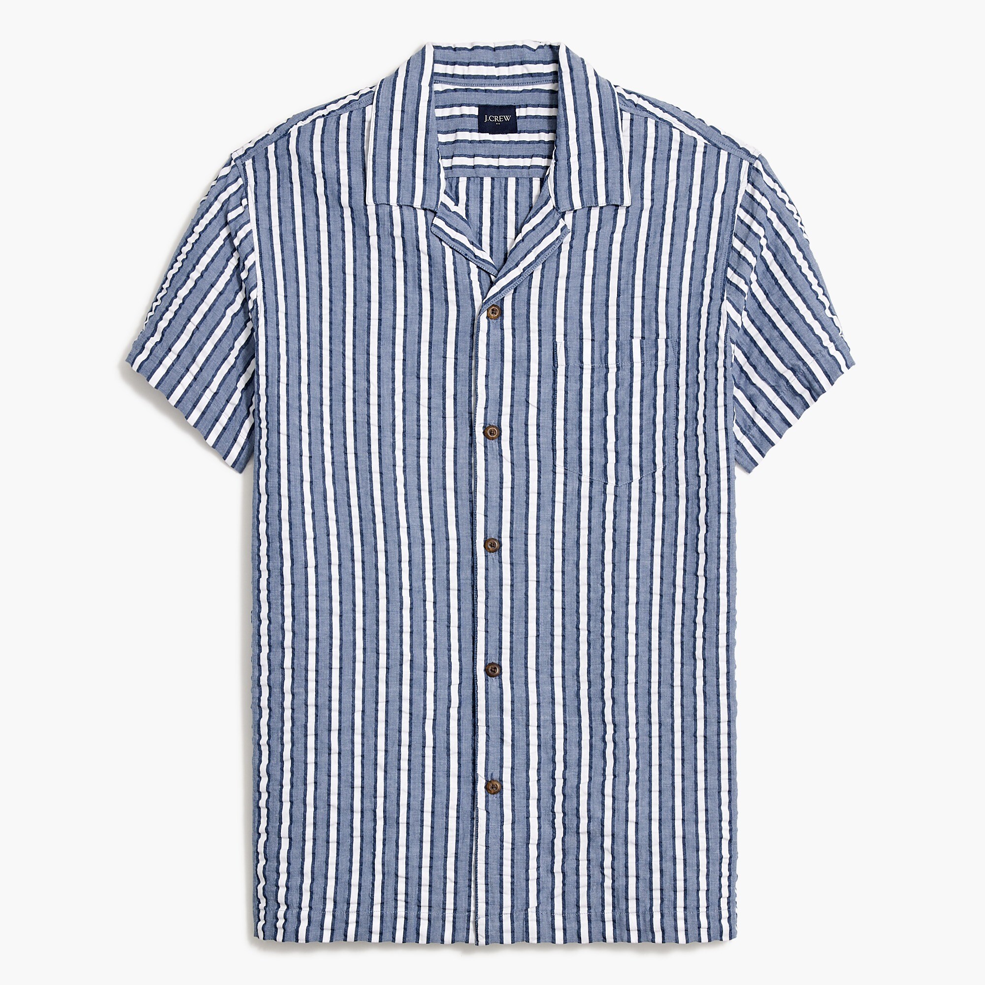 factory: short-sleeve seersucker striped camp shirt for men