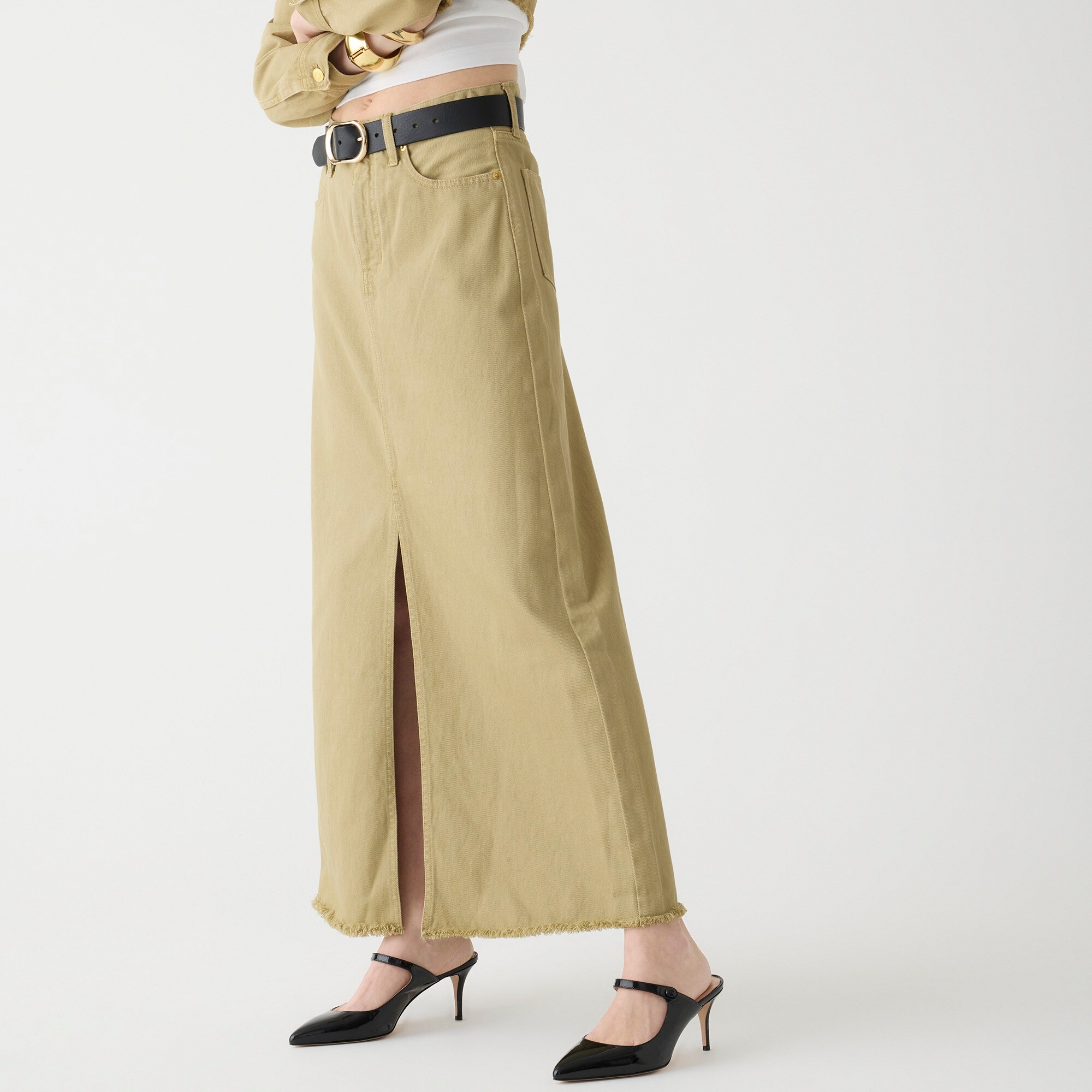j.crew: classic denim maxi skirt in khaki for women