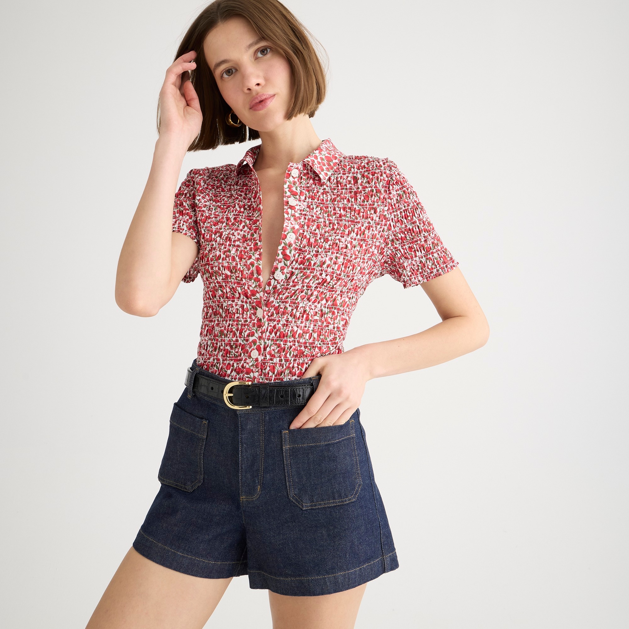 womens Smocked button-up shirt in Liberty&reg; Eliza's Red fabric