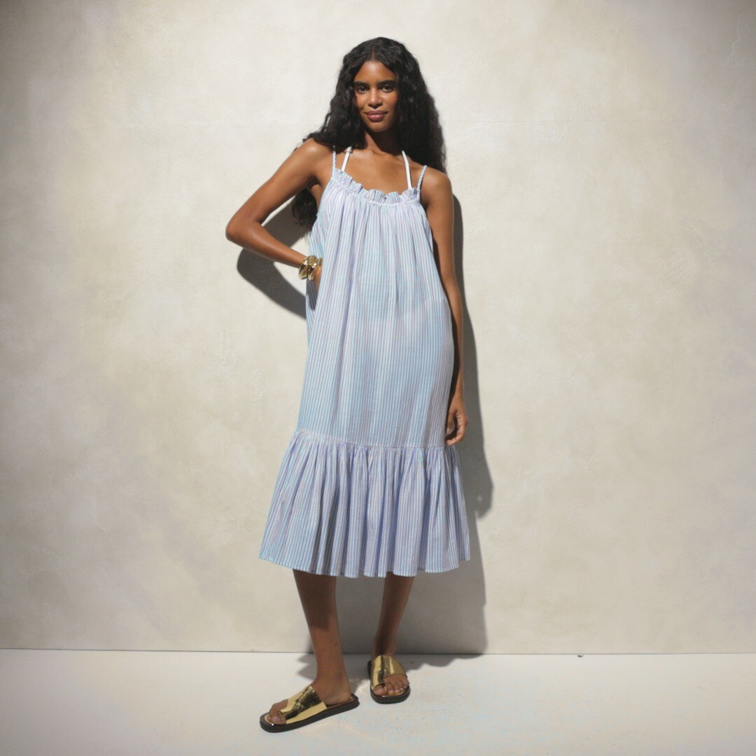 Ruffle beach dress in stripe airy gauze