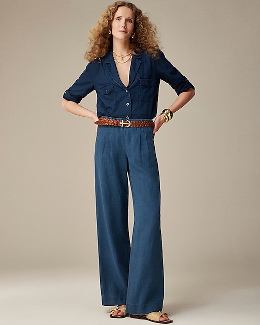 womens Pleated pull-on pant in indigo linen blend