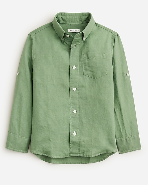  Kids' long-sleeve button-down linen shirt with sleeve tabs