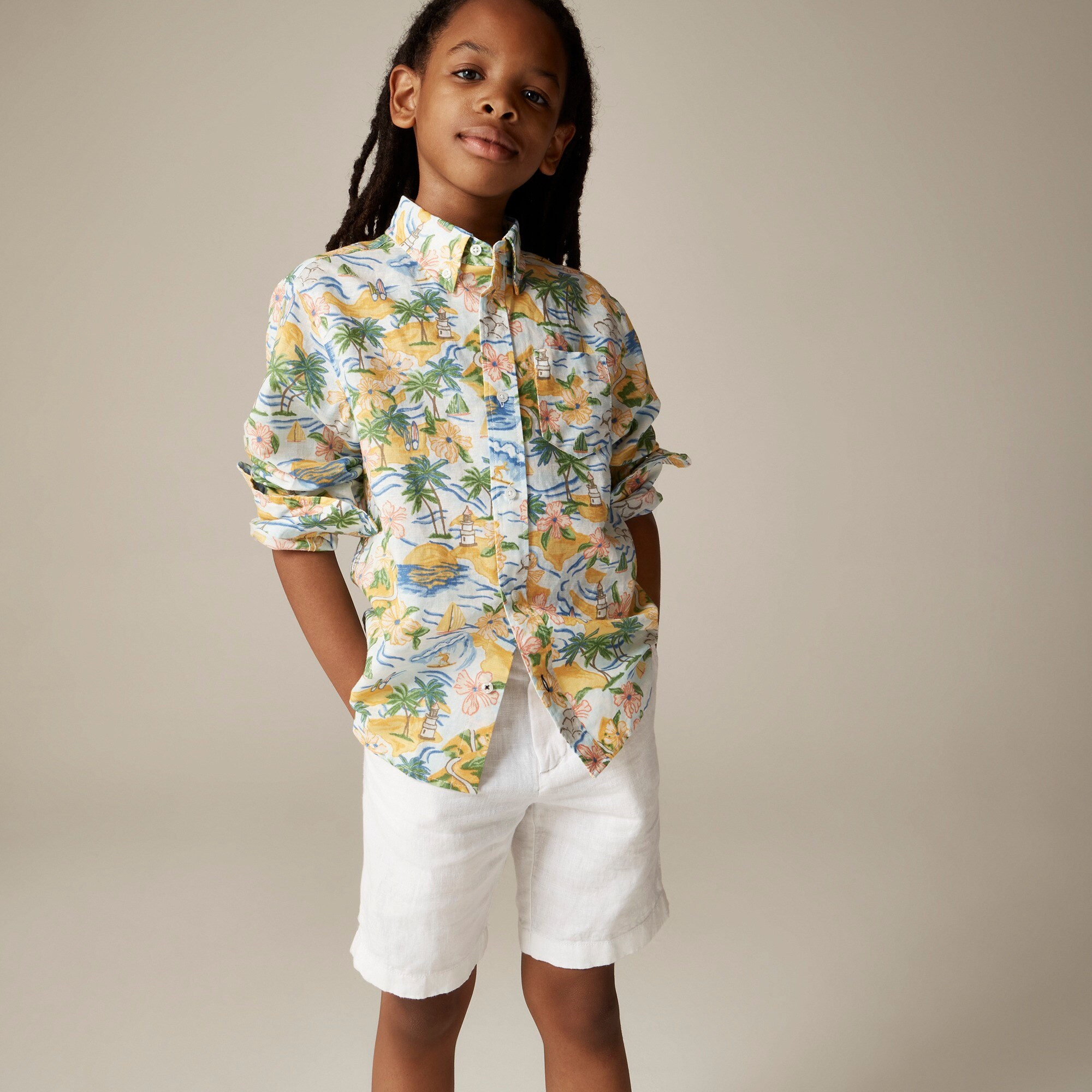  Kids' linen-blend button-down shirt with sleeve tabs