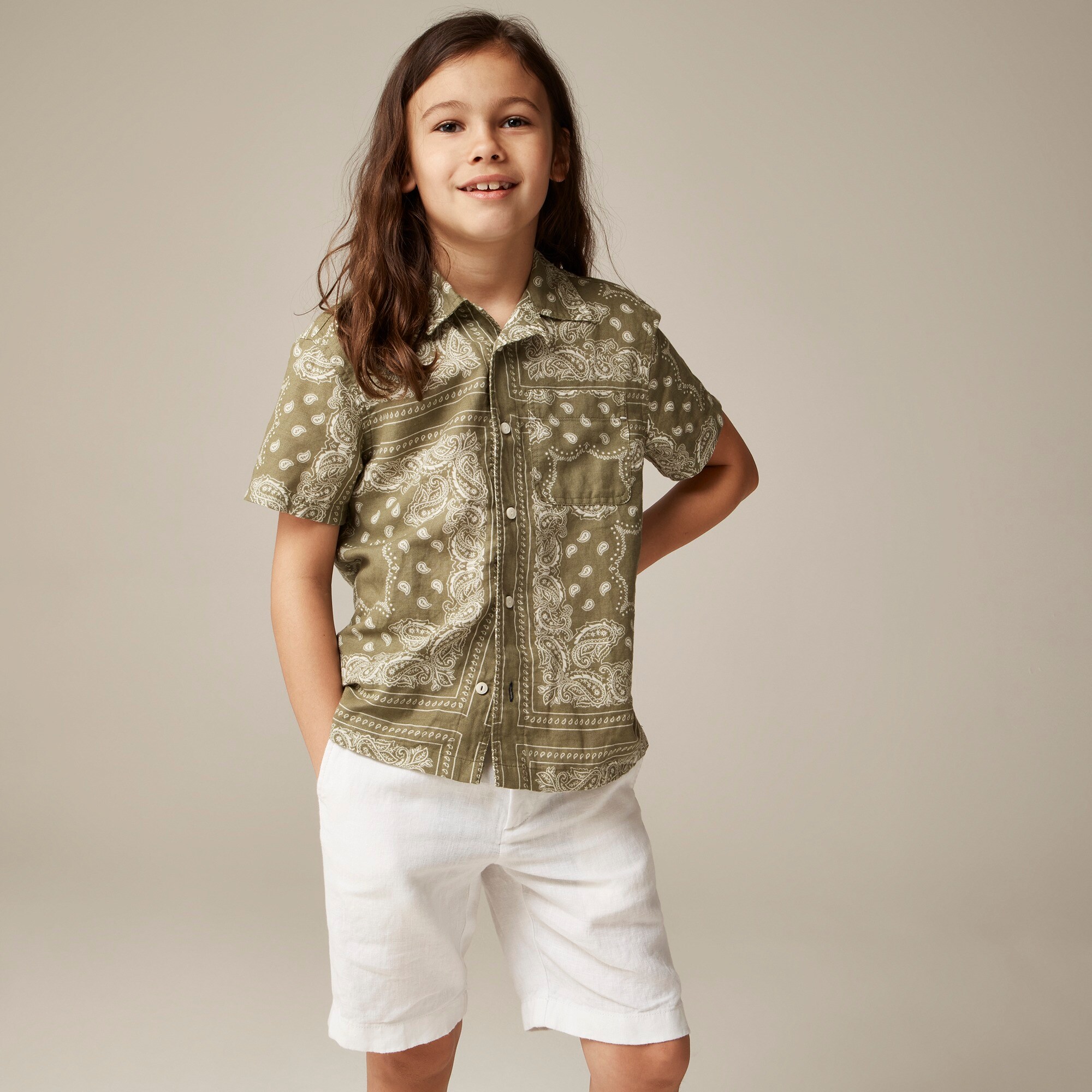  Kids' printed short-sleeve camp shirt in linen-cotton blend
