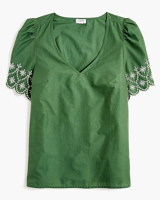 womens V-neck top with embroidered sleeves