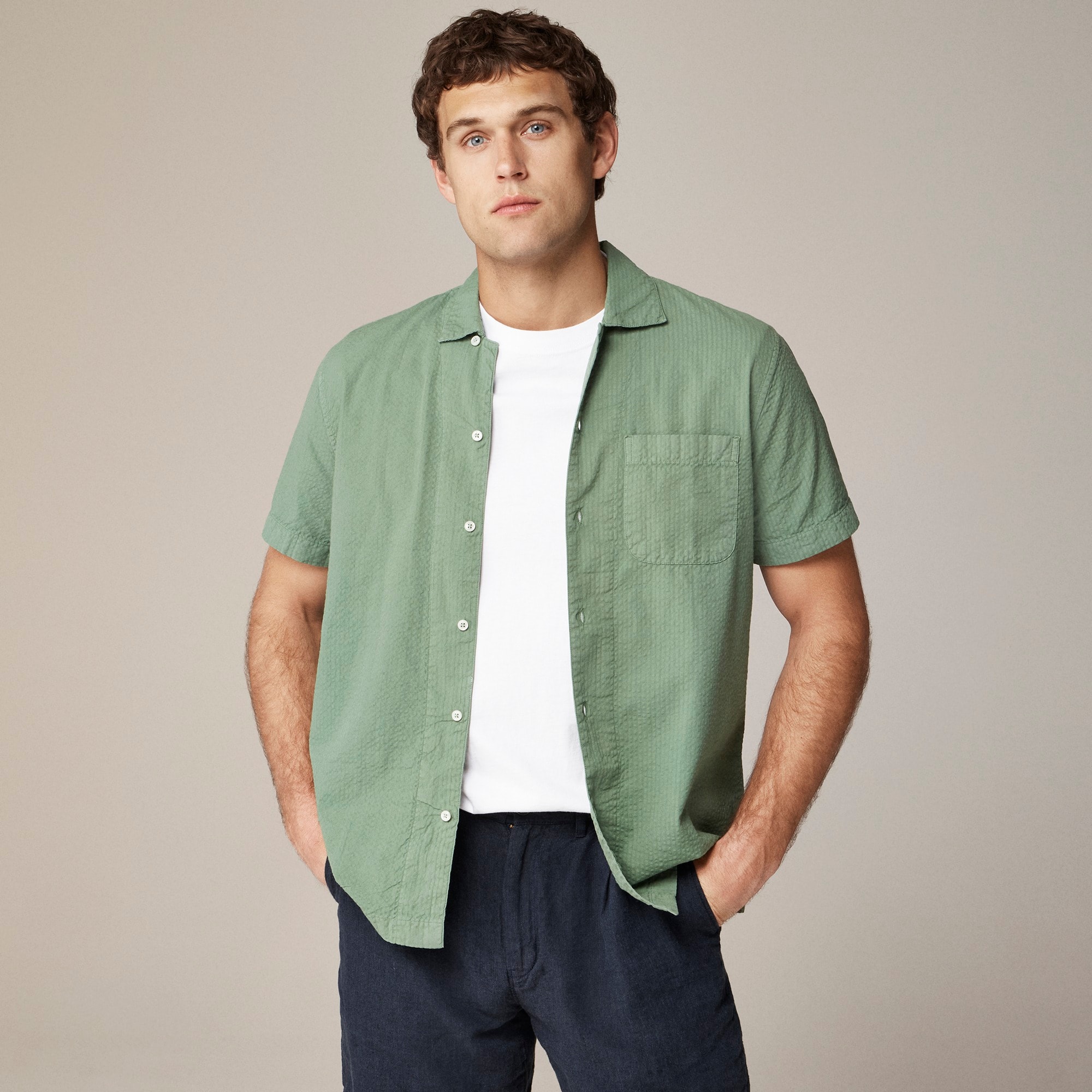  Short-sleeve garment-dyed seersucker camp-collar shirt