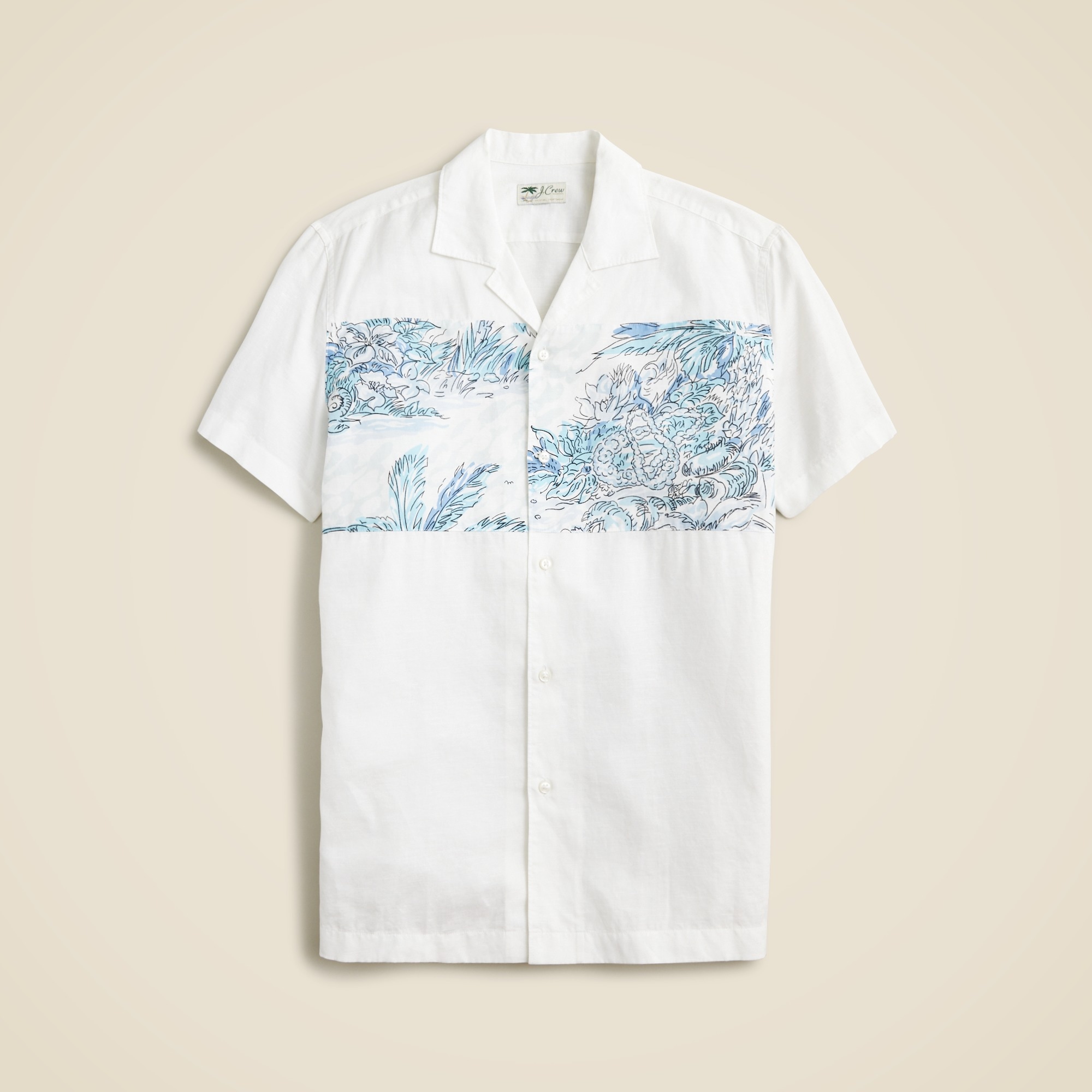 Short-sleeve Slub Cotton-linen Blend Camp-collar Shirt In Print