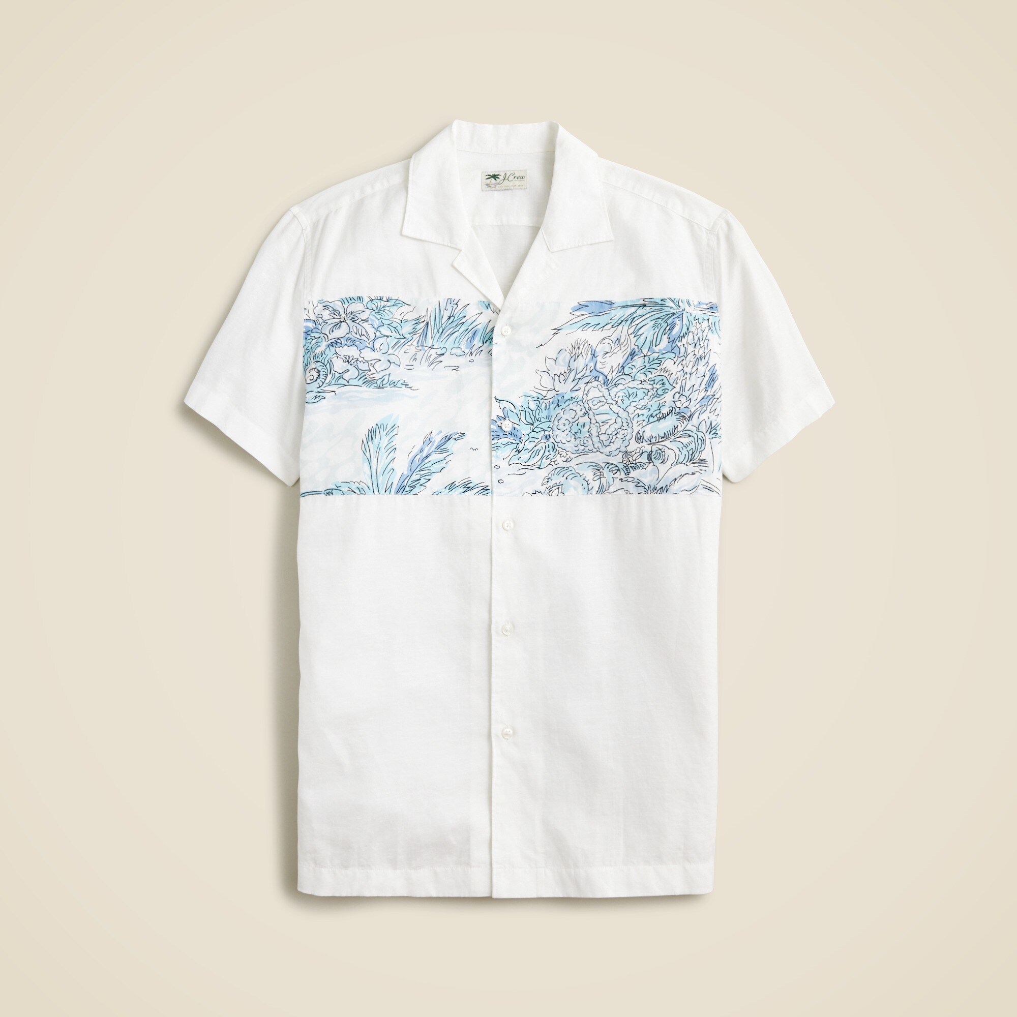 Short-sleeve Slub Cotton-linen Blend Camp-collar Shirt In Print