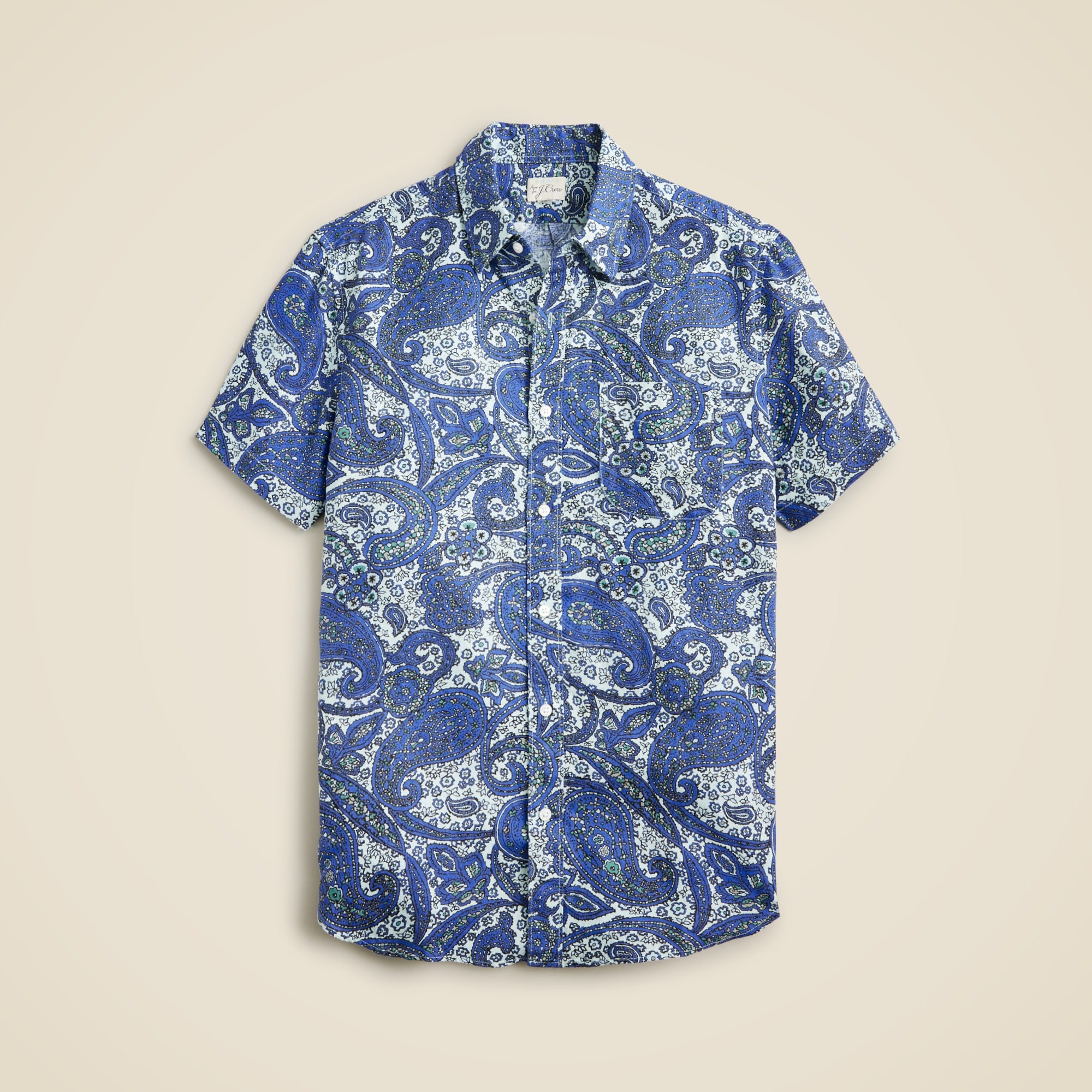 Short sleeve linen shirt with point collar in print