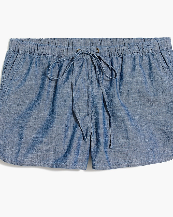 factory: 3" chambray drawstring short for women, right side, view zoomed