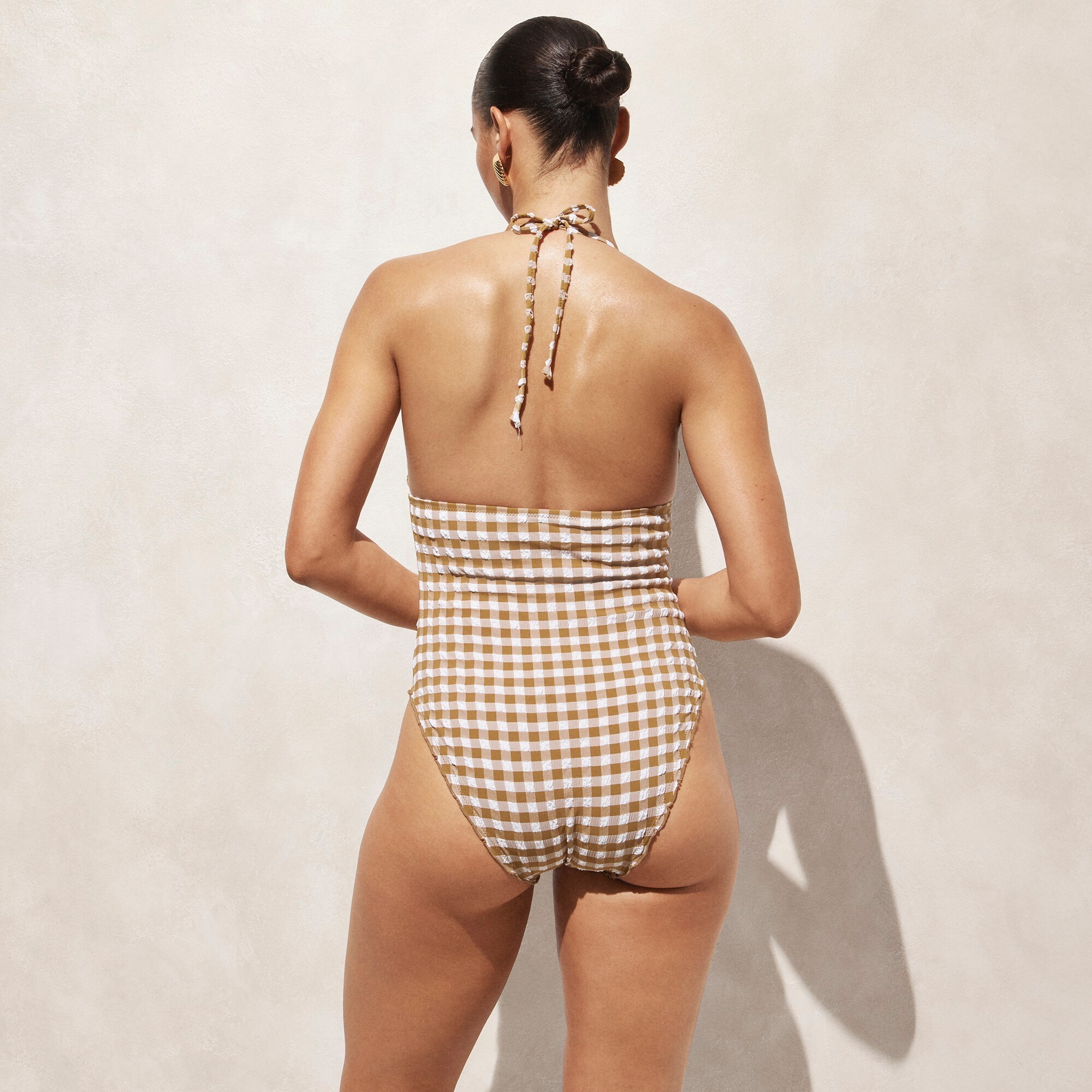 Ruched plunge one-piece swimsuit in gingham