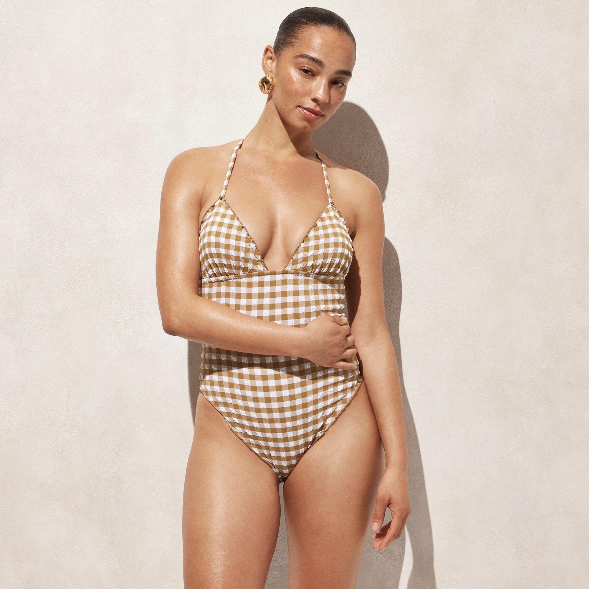 Ruched plunge one-piece swimsuit in gingham