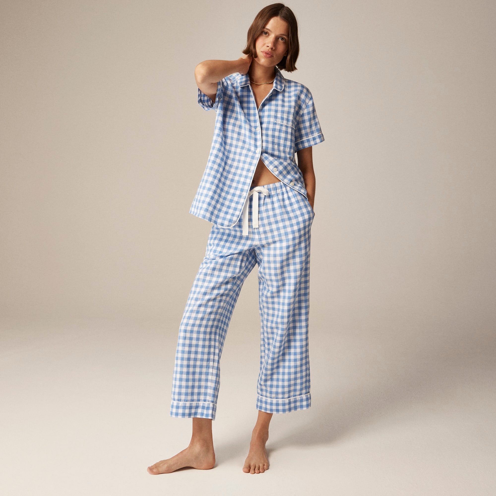 womens Pajama set in gingham linen-cotton blend