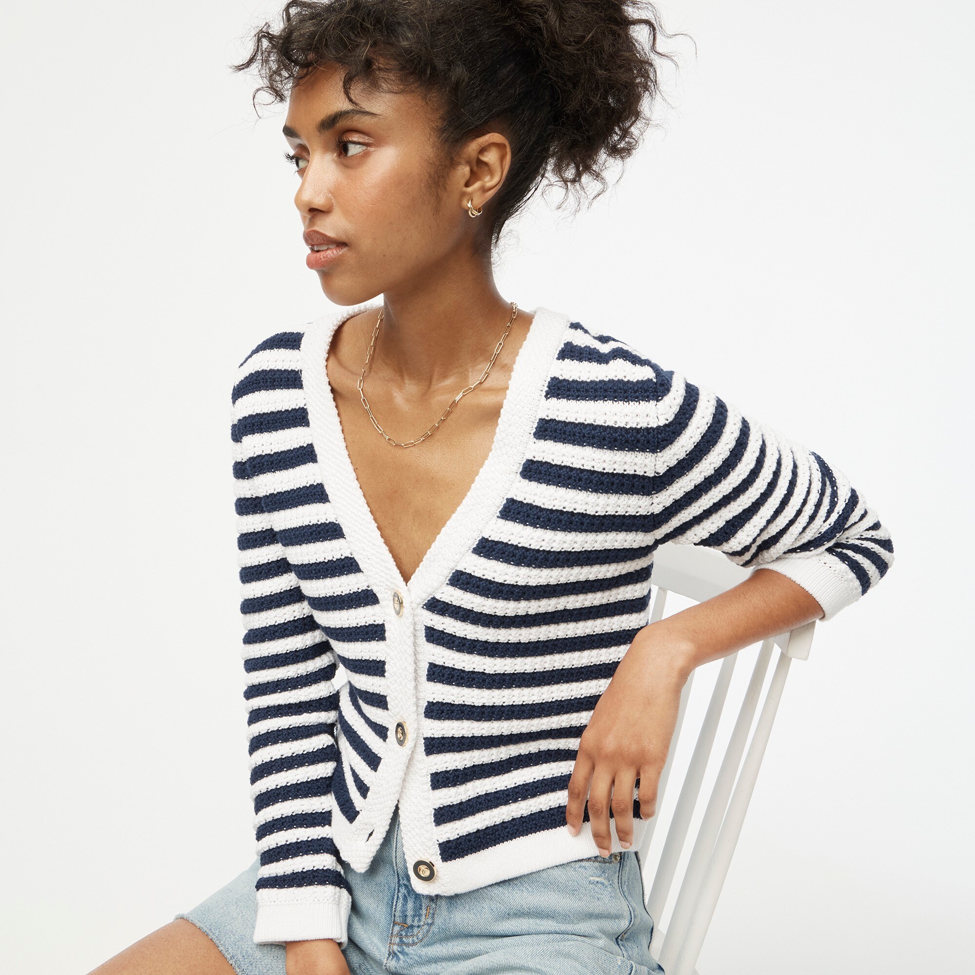 womens Striped knit V-neck cardigan sweater