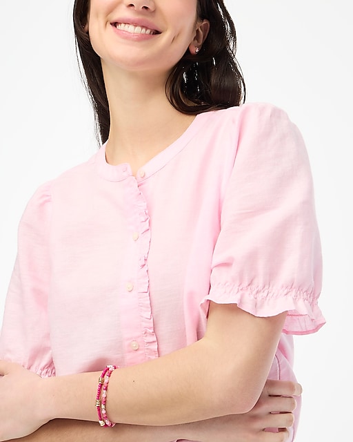 womens Linen-blend ruffle top with puff sleeves