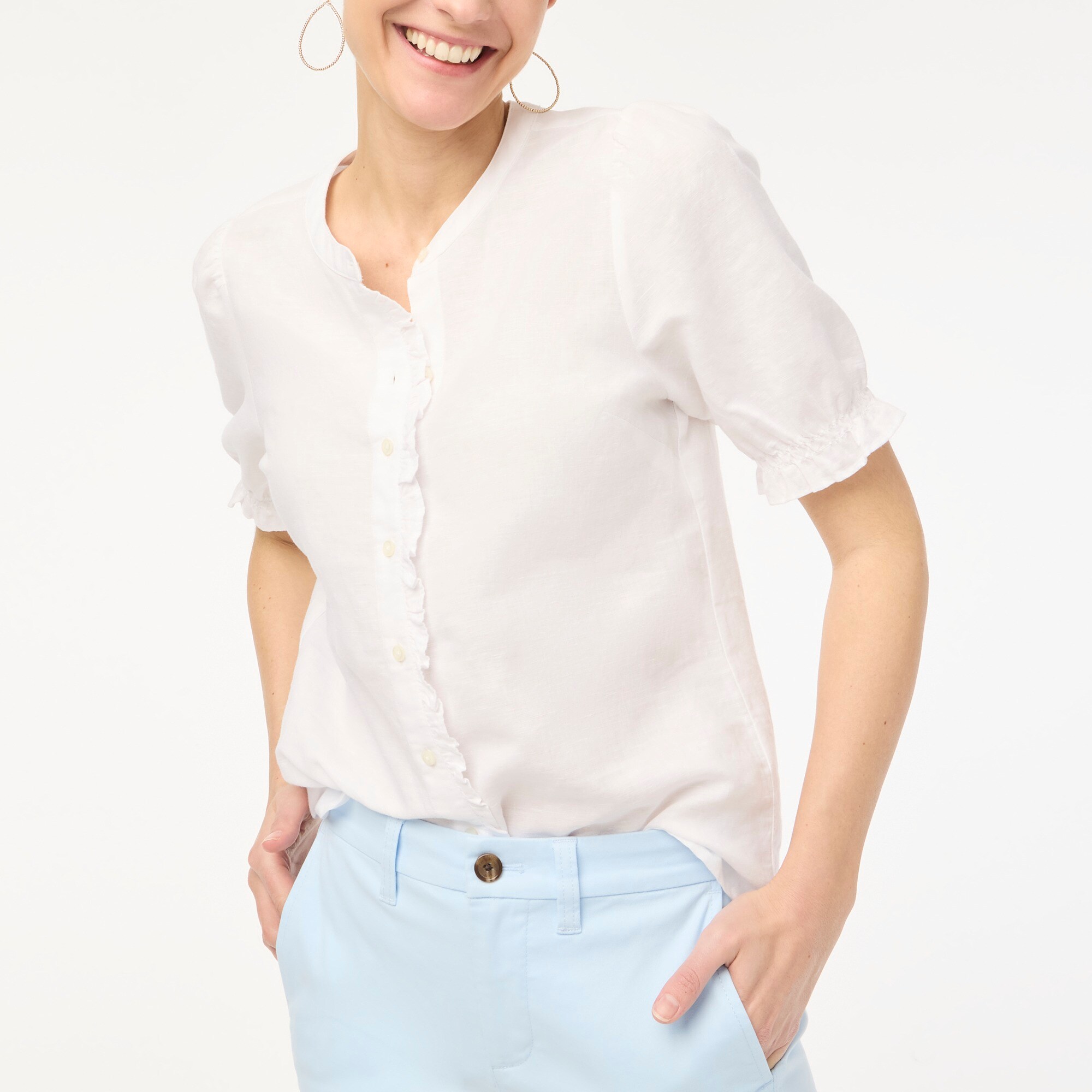 Factory: Linen-blend Ruffle Top With Puff Sleeves For Women