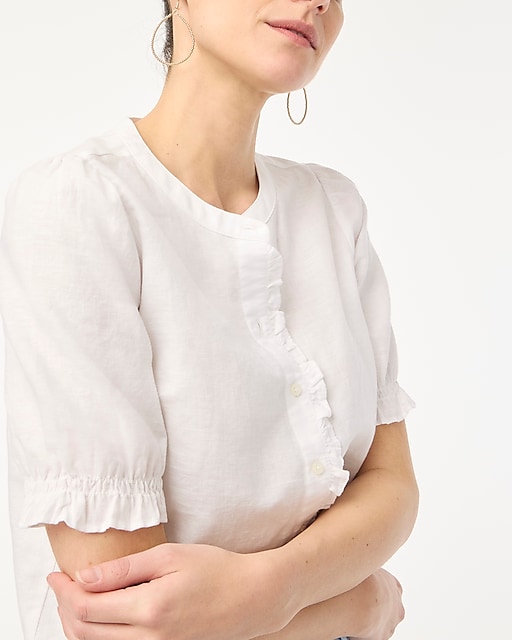 womens Linen-blend ruffle top with puff sleeves