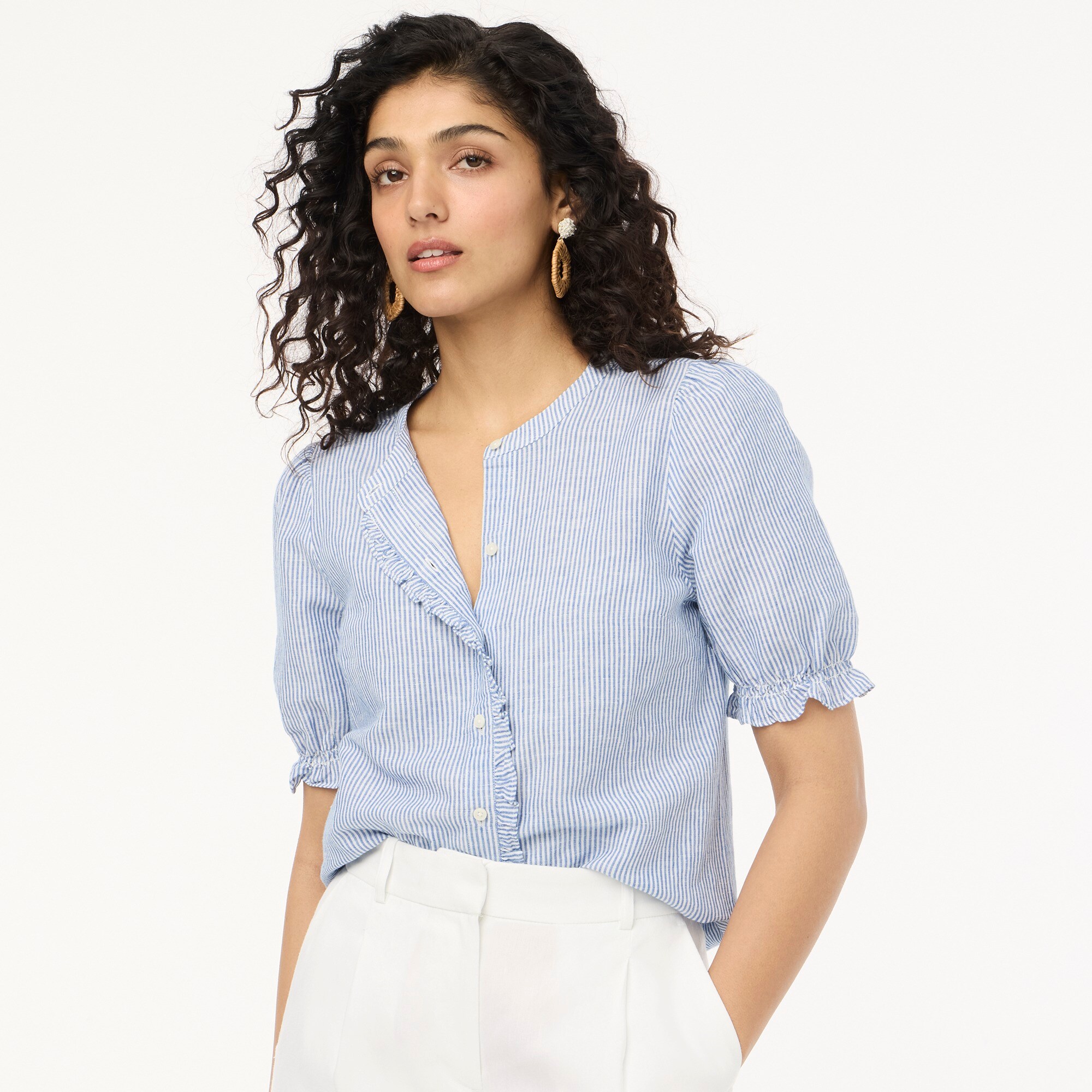  Linen-blend ruffle top with puff sleeves