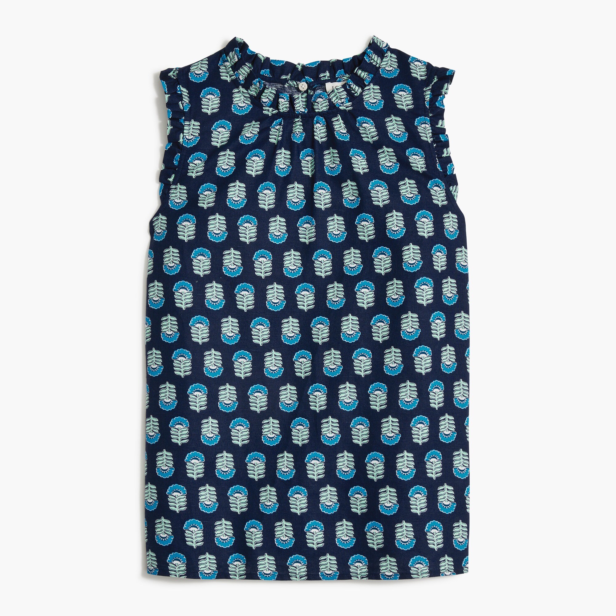 printed linen-blend ruffleneck top for women