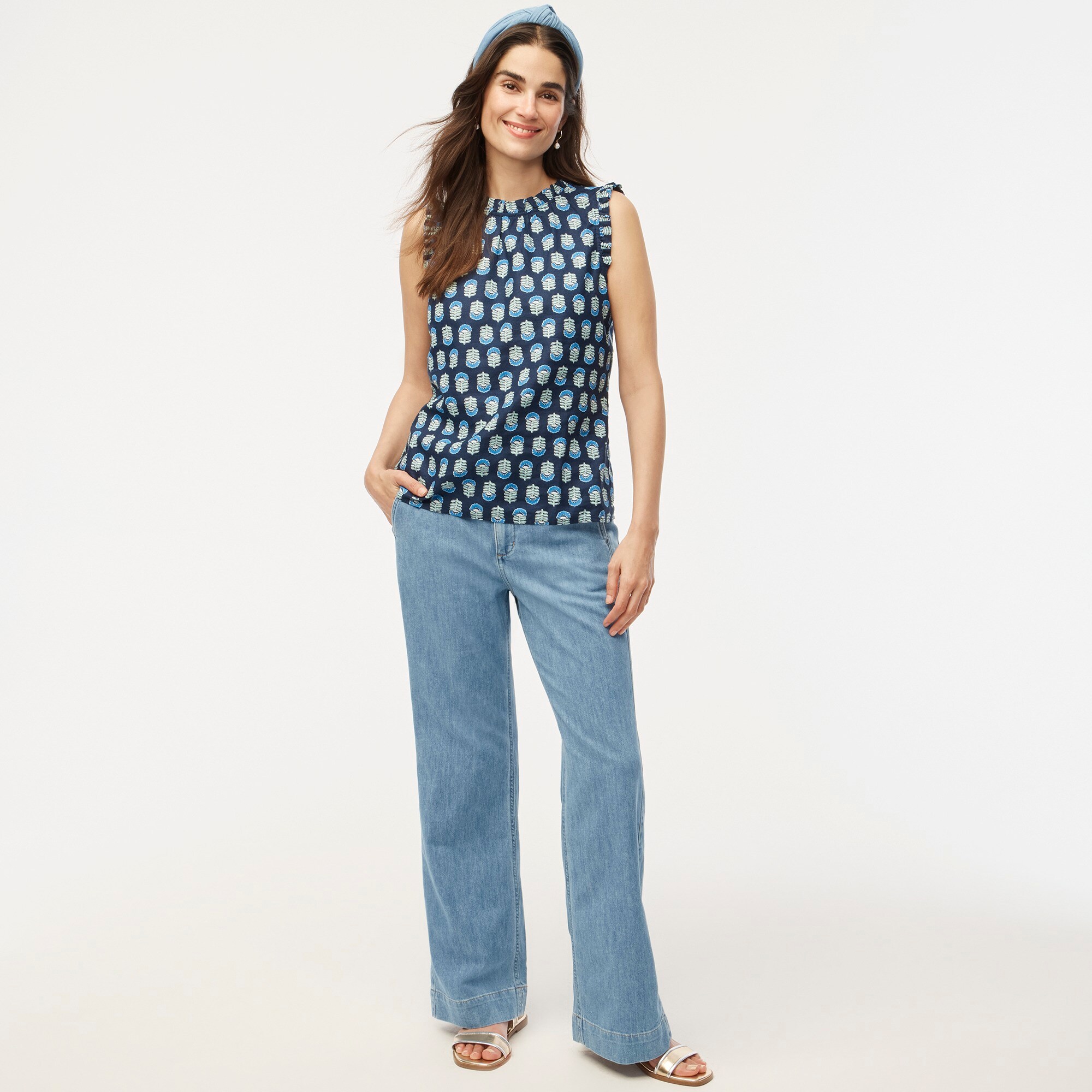 Linen blend ruched sides top