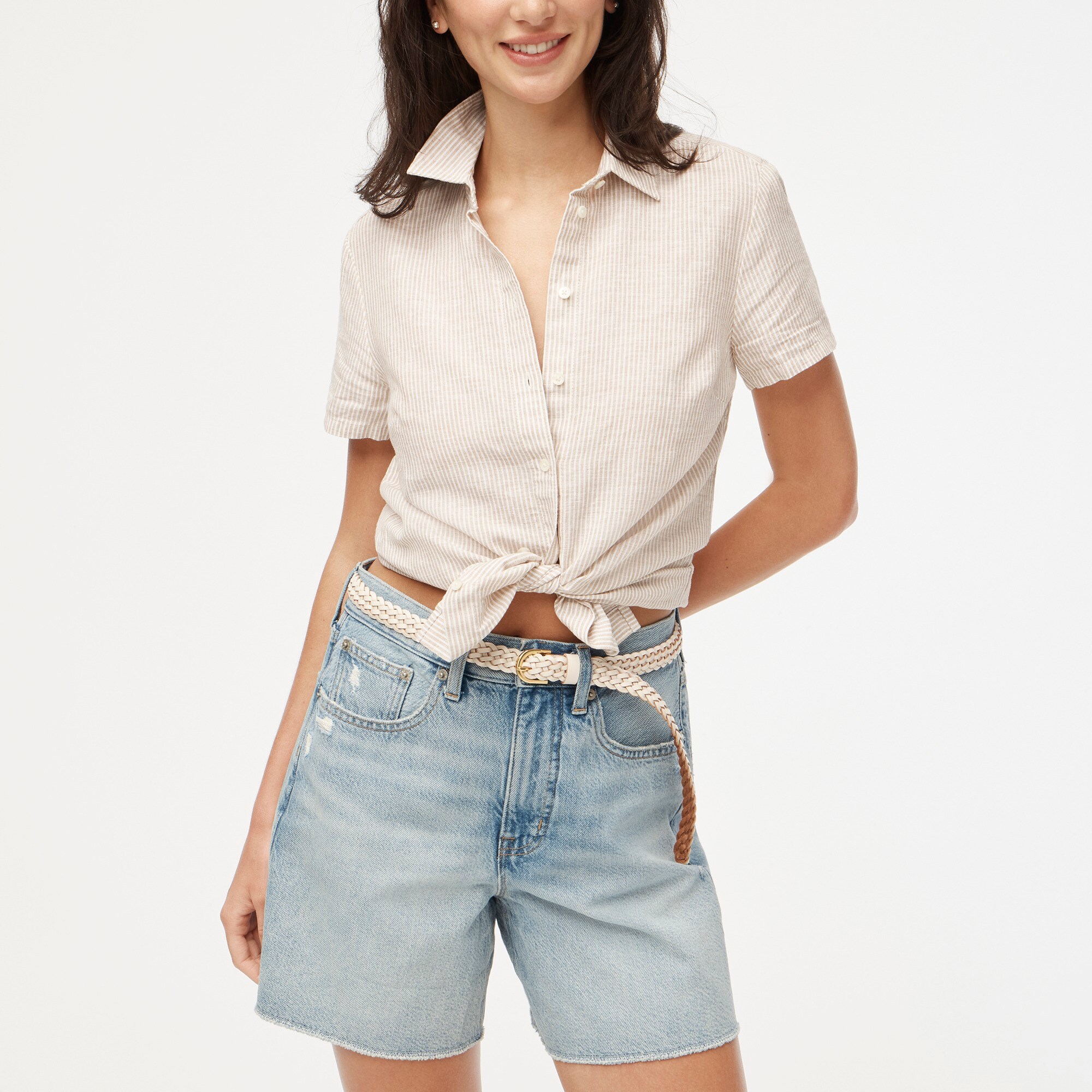 womens Striped short-sleeve linen-blend button-up shirt