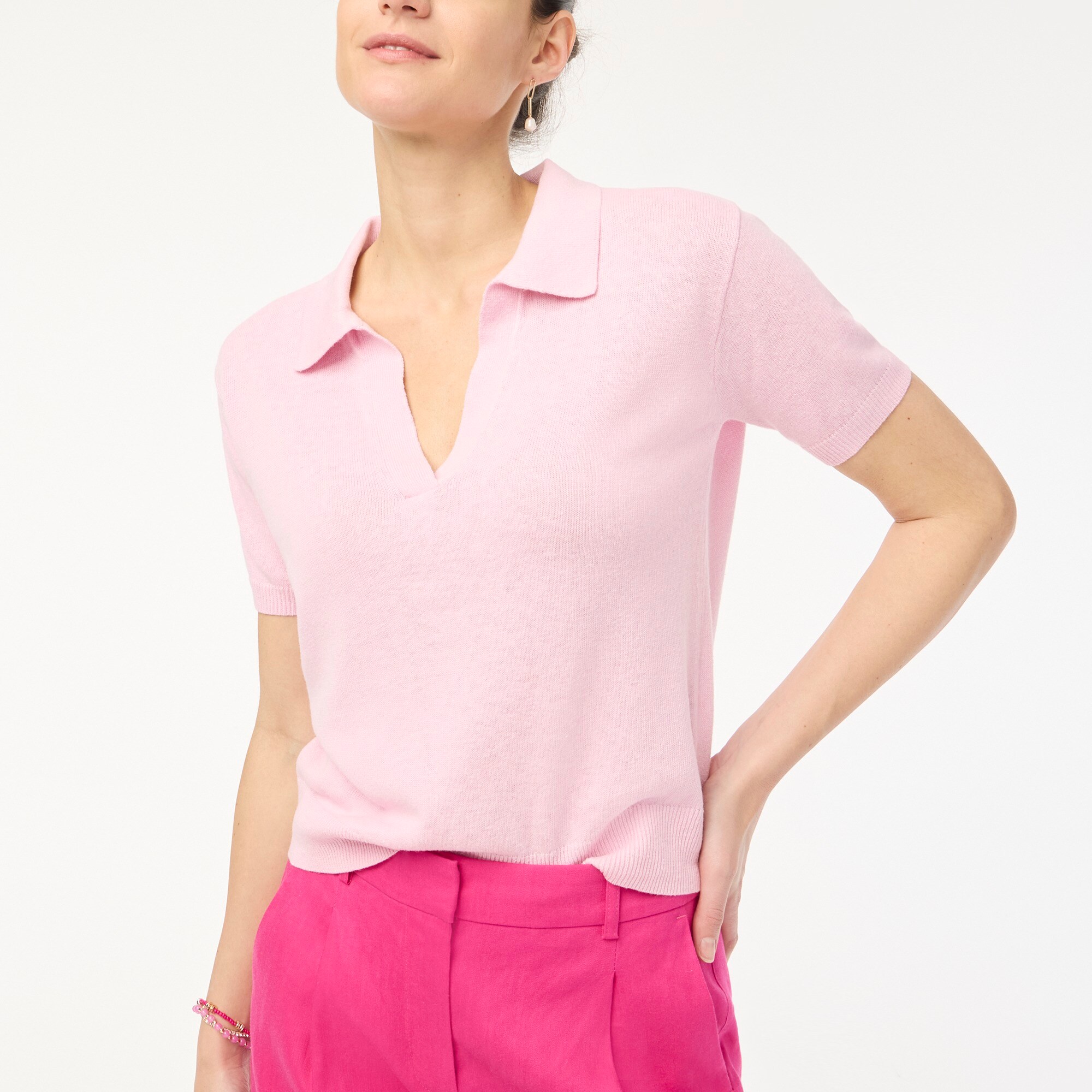  Linen-blend short-sleeve polo sweater