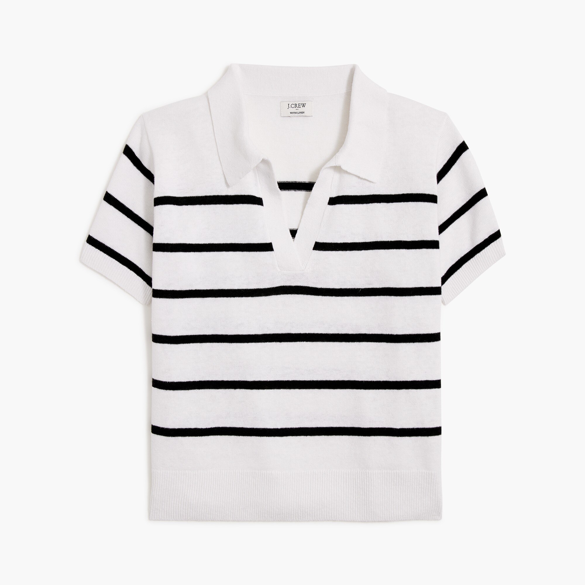 factory: striped linen-blend short-sleeve polo sweater for women