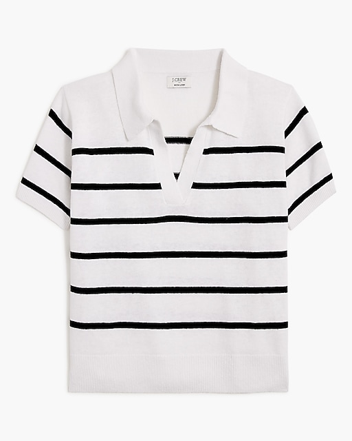 womens Striped linen-blend short-sleeve polo sweater