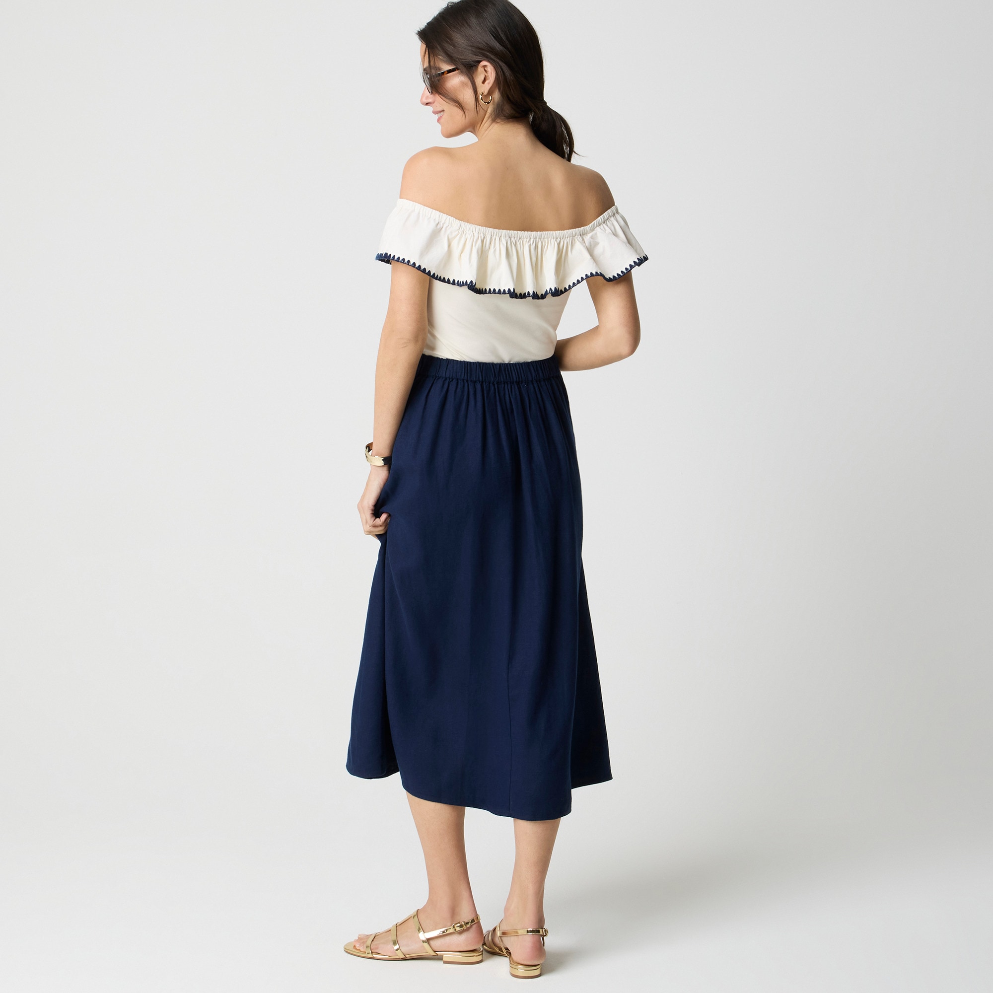 Linen-blend faux-wrap skirt