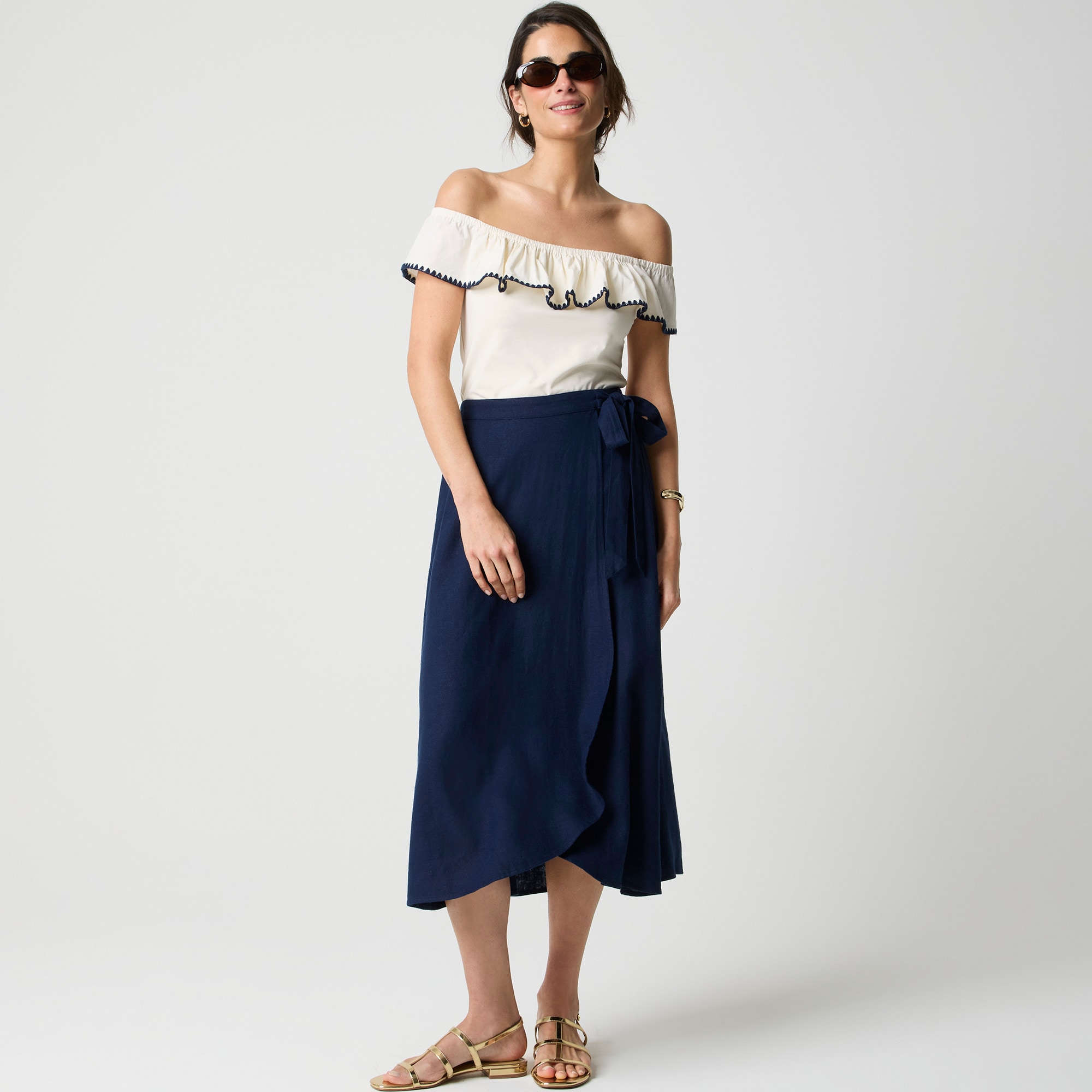 womens Linen-blend faux-wrap skirt