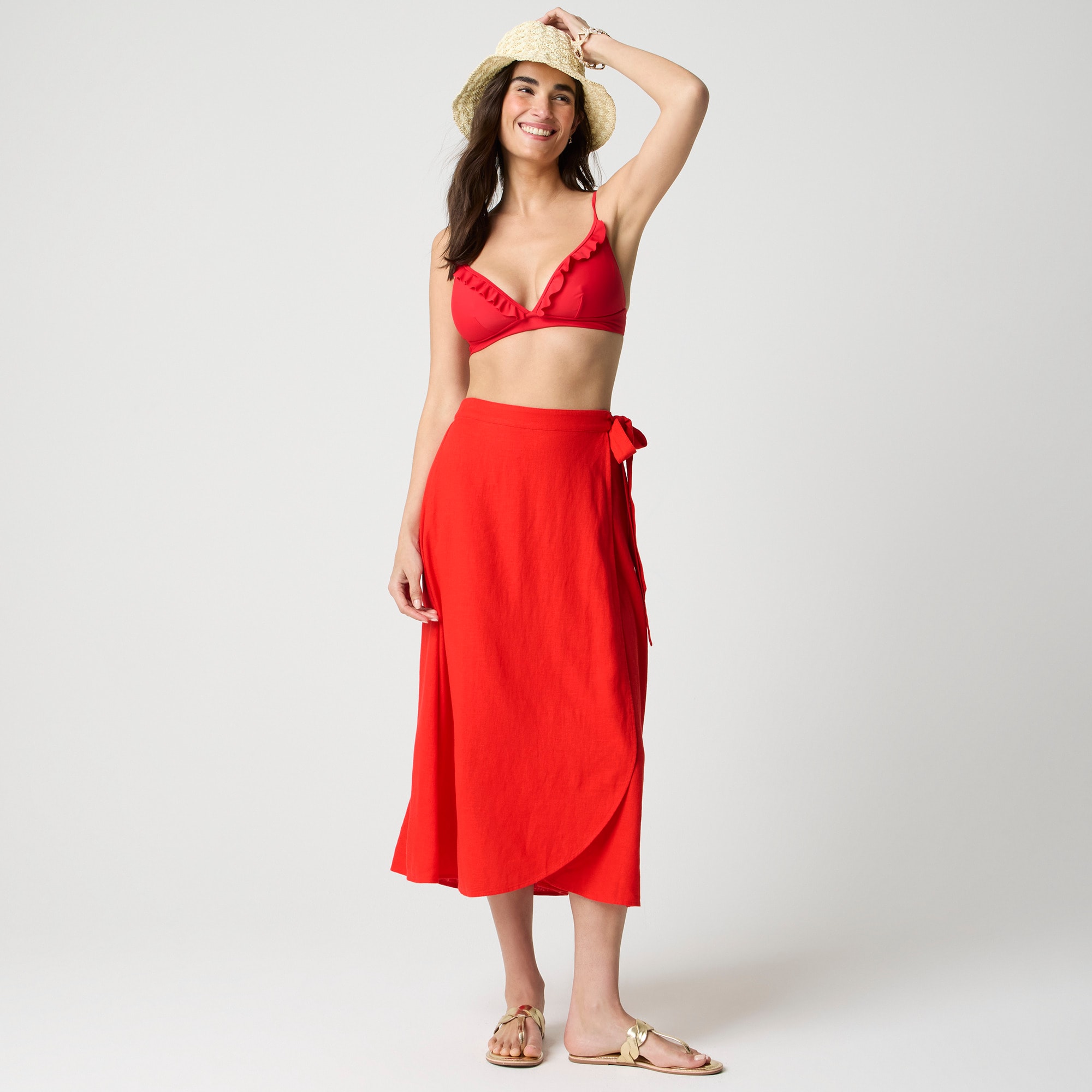 womens Linen-blend faux-wrap skirt
