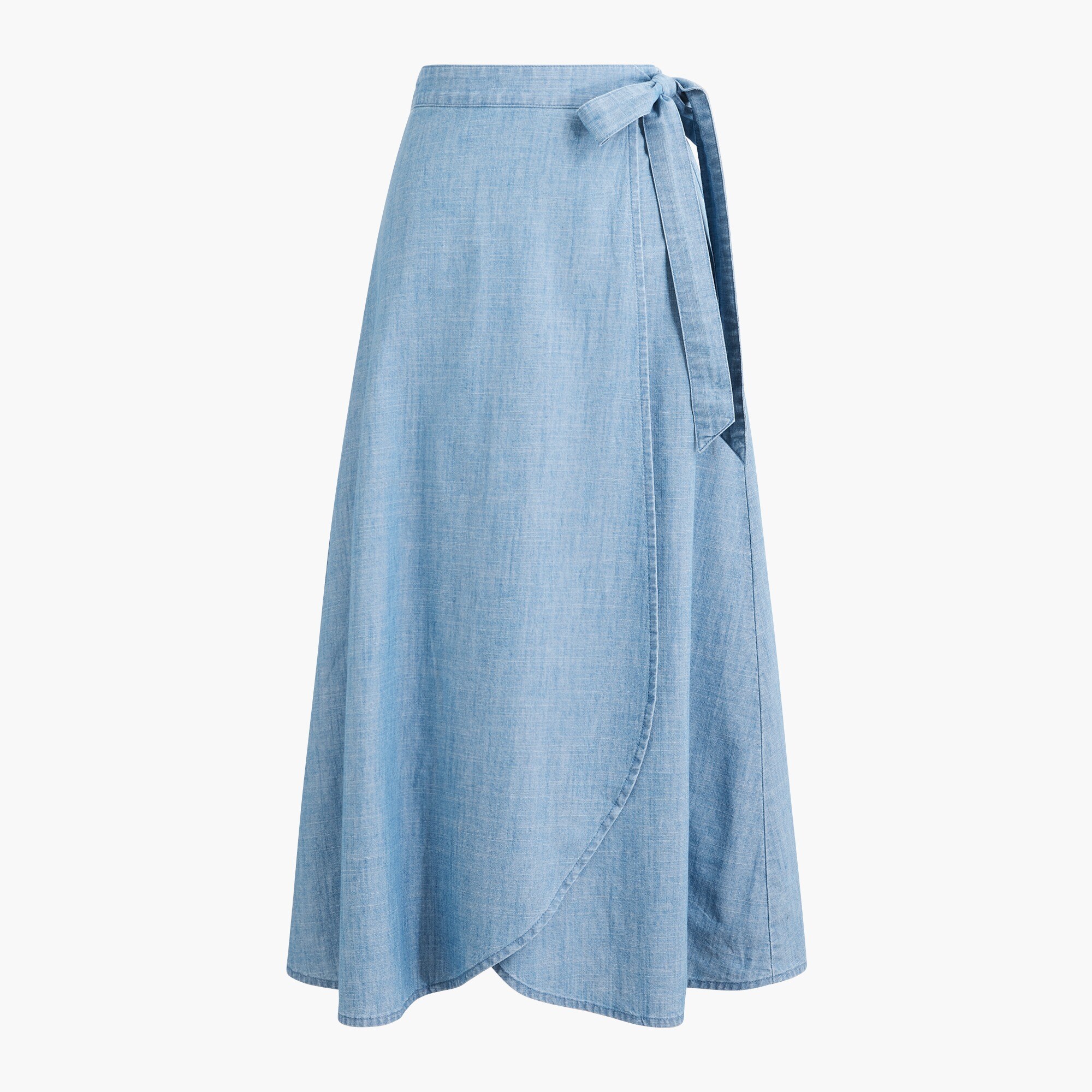 Chambray pull-on faux-wrap skirt
