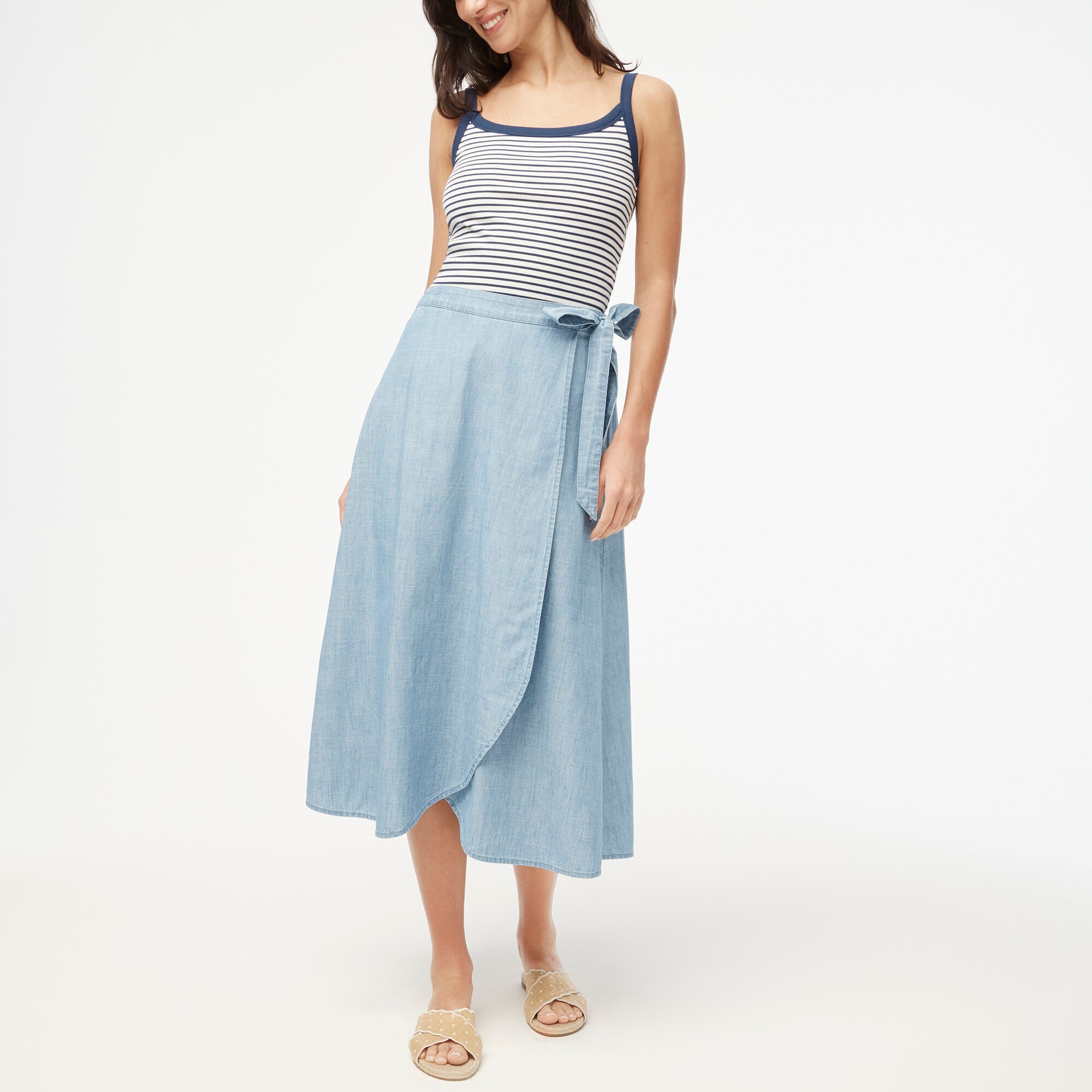  Chambray pull-on faux-wrap skirt