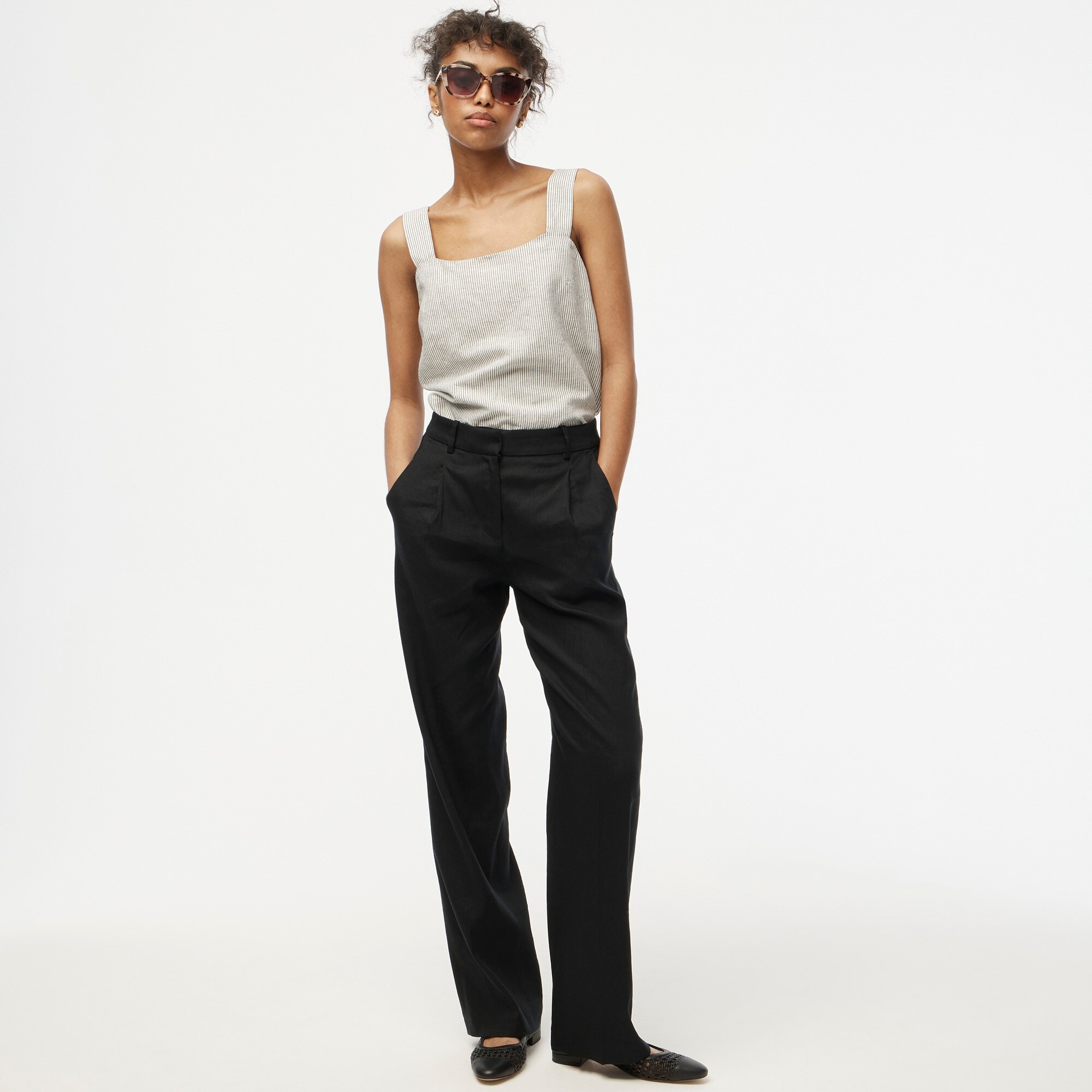 Striped linen-blend squareneck tank top