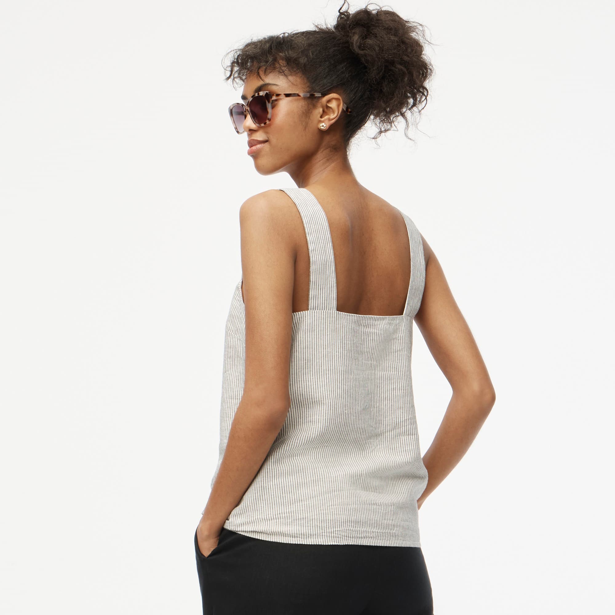 Striped linen-blend squareneck tank top