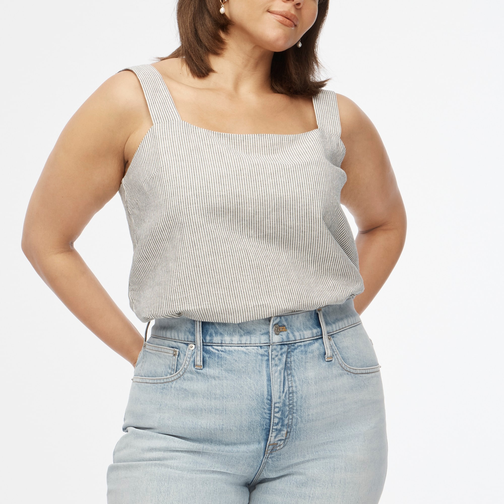 Striped linen-blend squareneck tank top