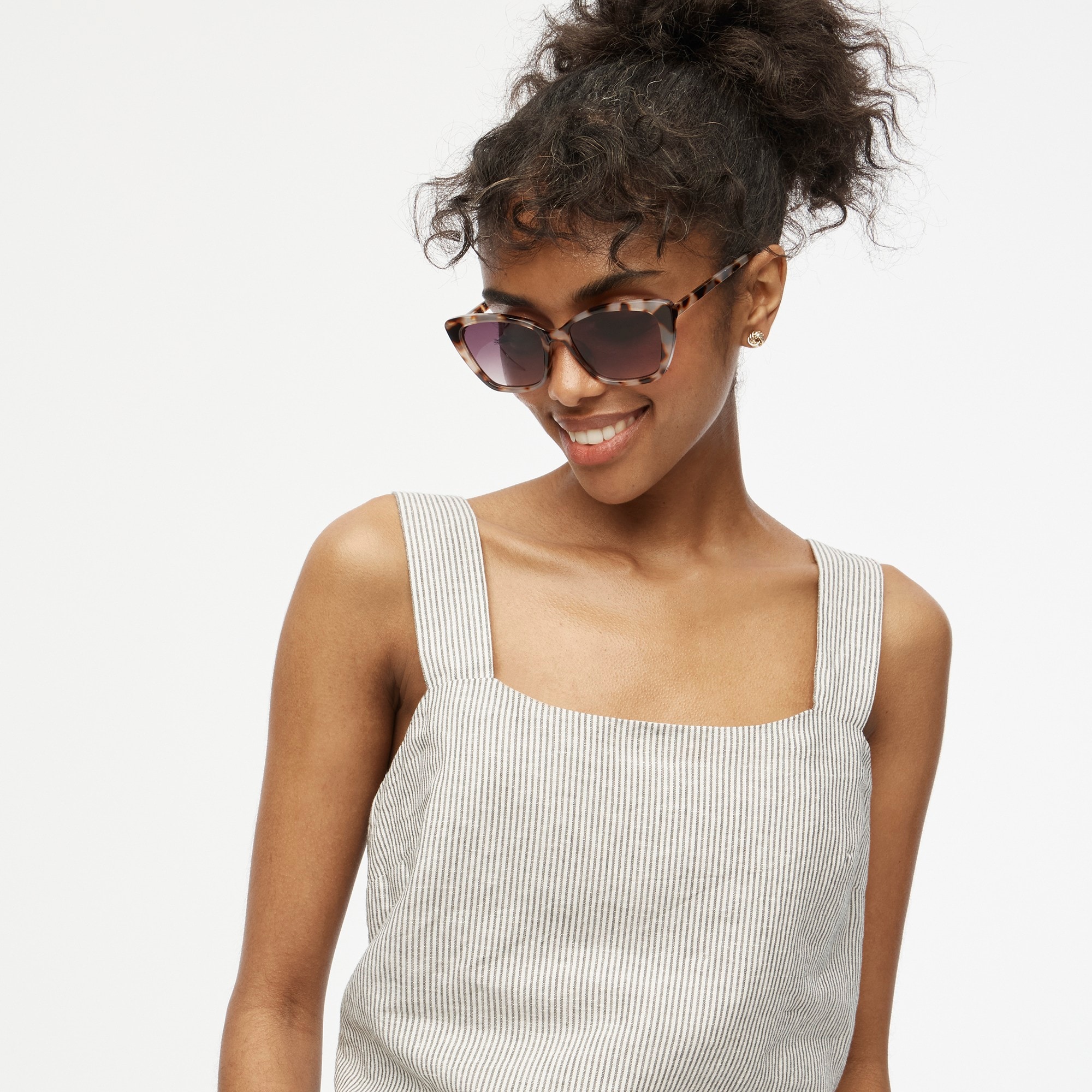 Striped linen-blend squareneck tank top