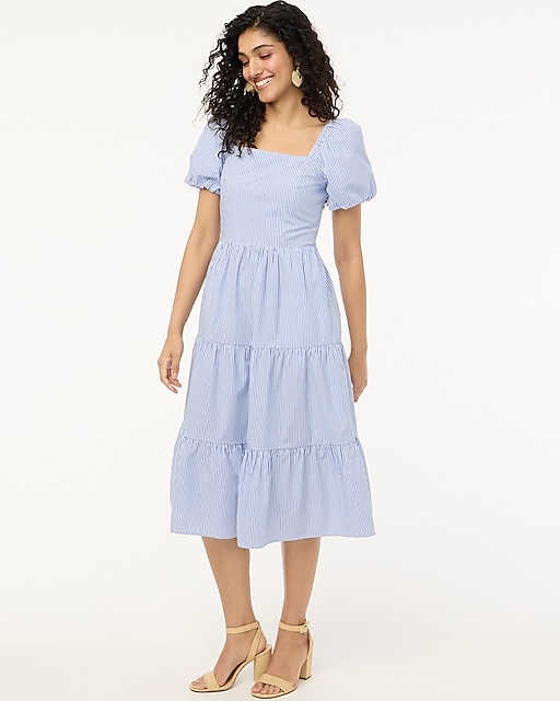 womens Petite tiered midi dress with puff sleeves