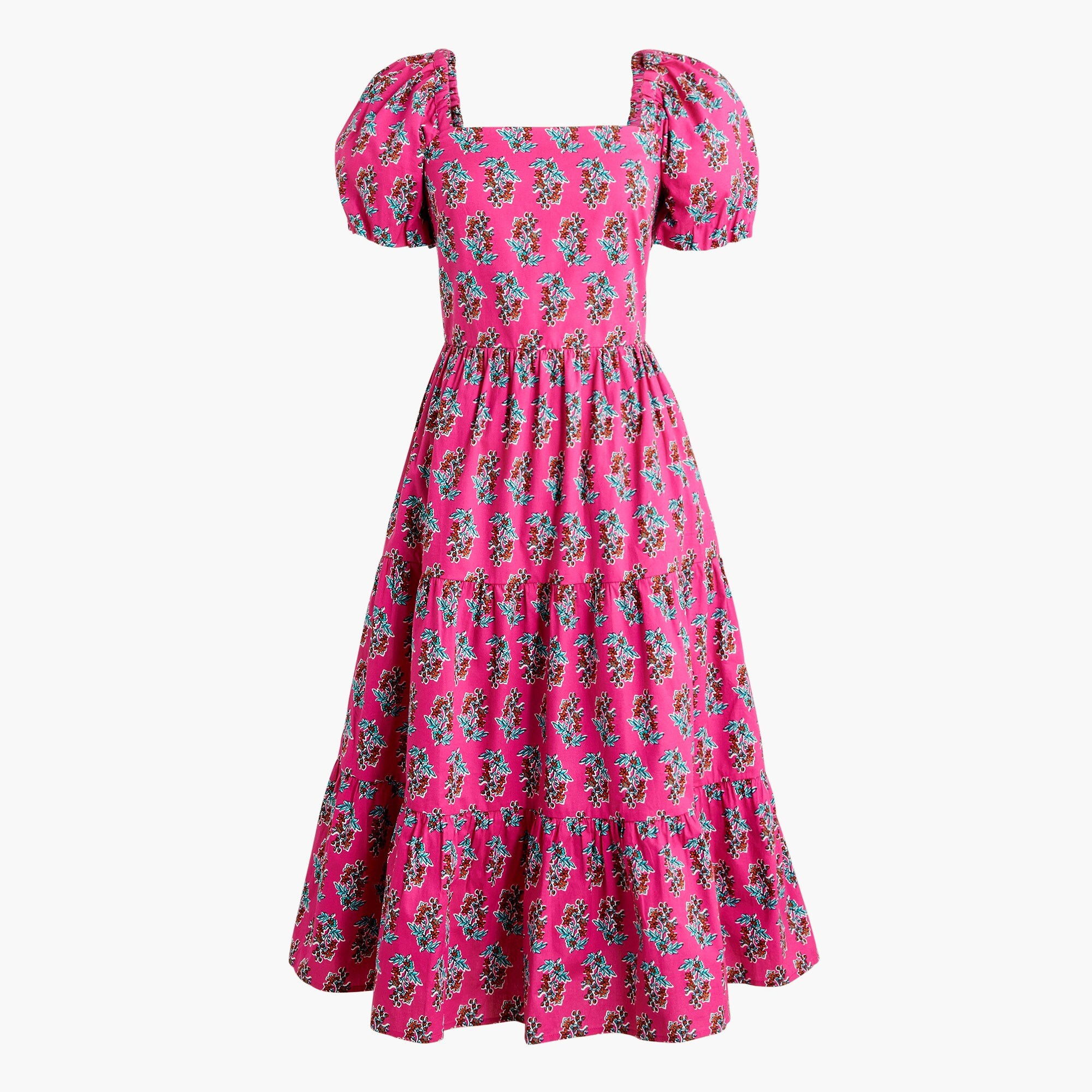 Petite tiered midi dress with puff sleeves