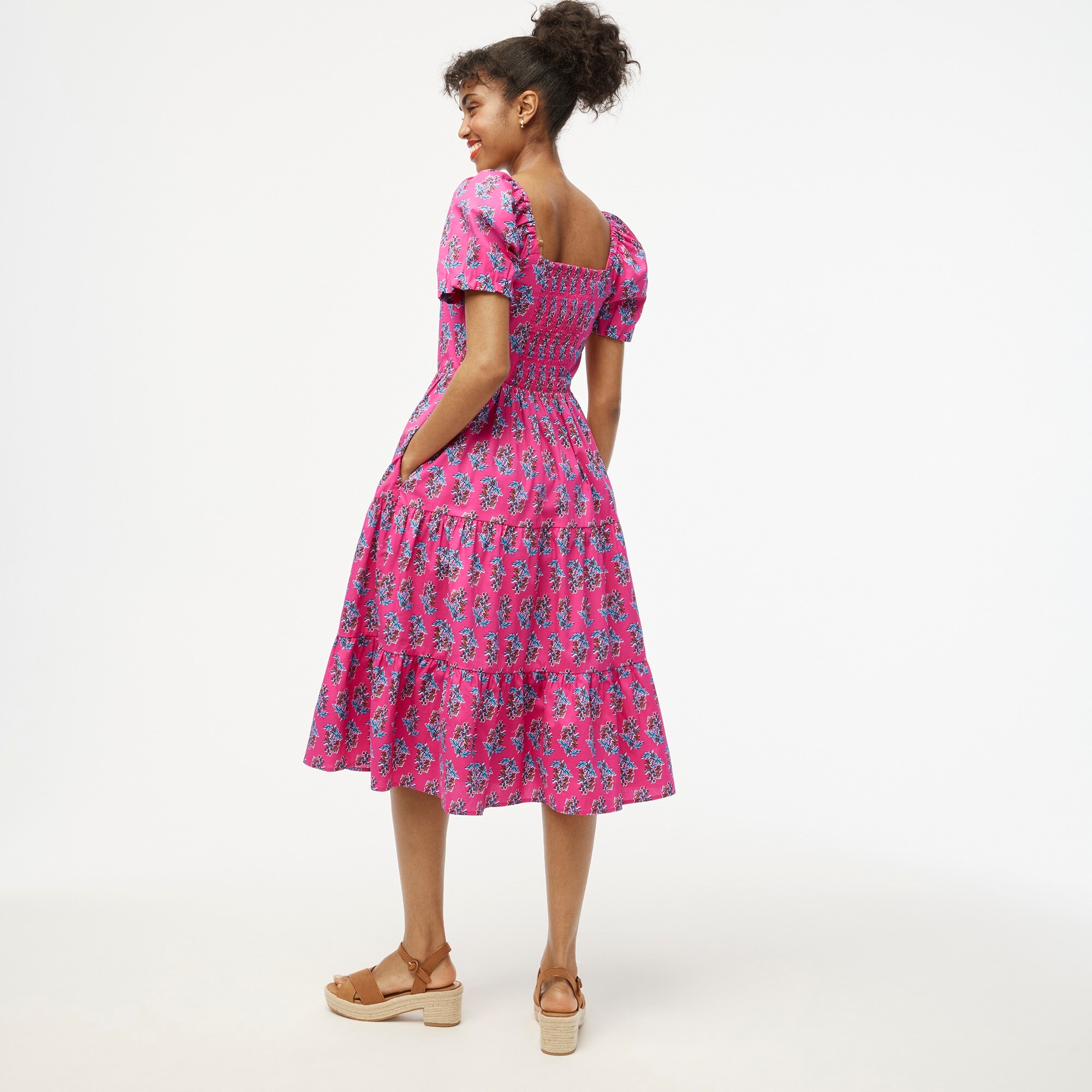 Petite tiered midi dress with puff sleeves