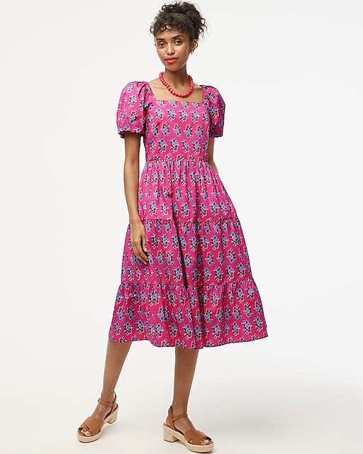 womens Petite tiered midi dress with puff sleeves