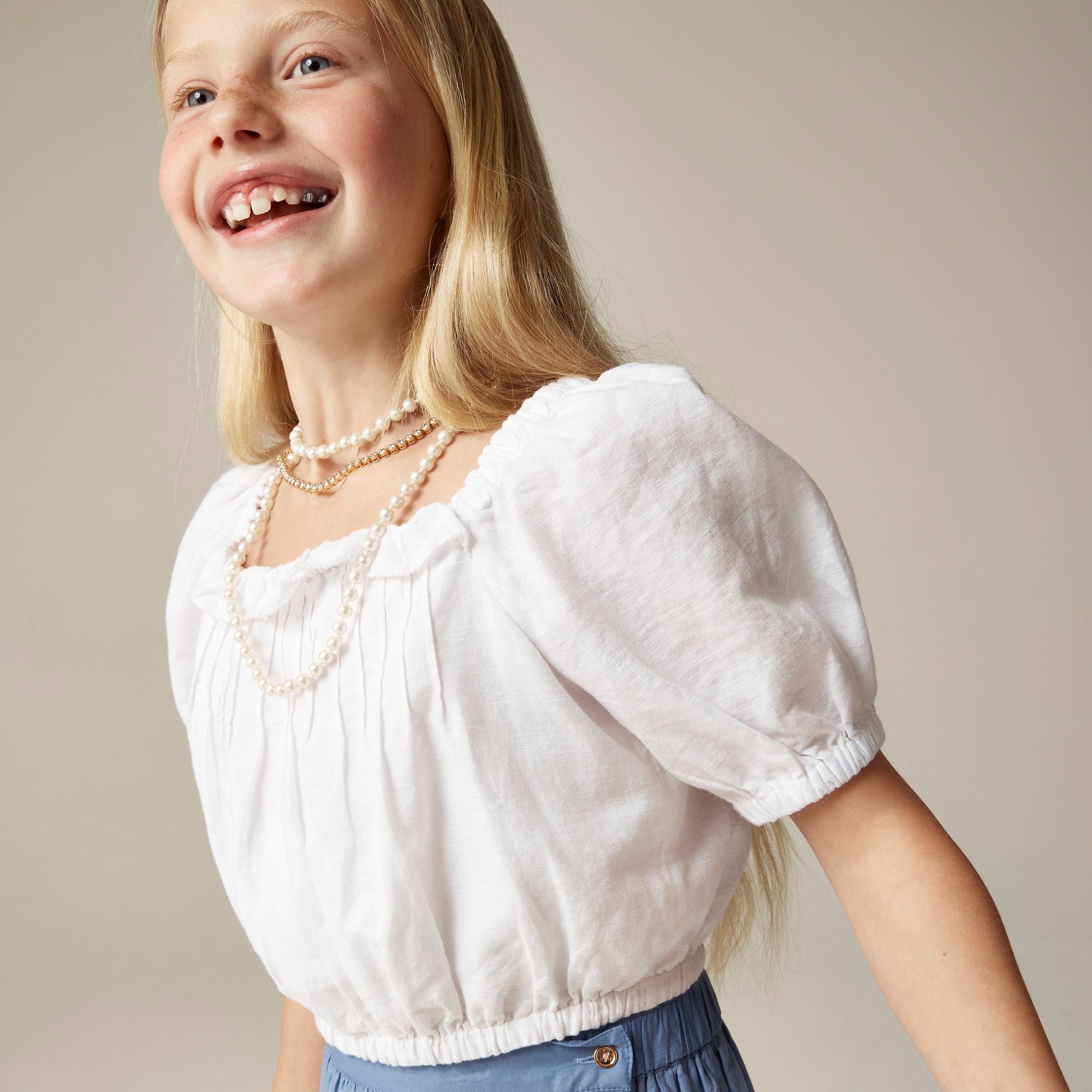  Girls' squareneck cropped top in linen-cotton blend