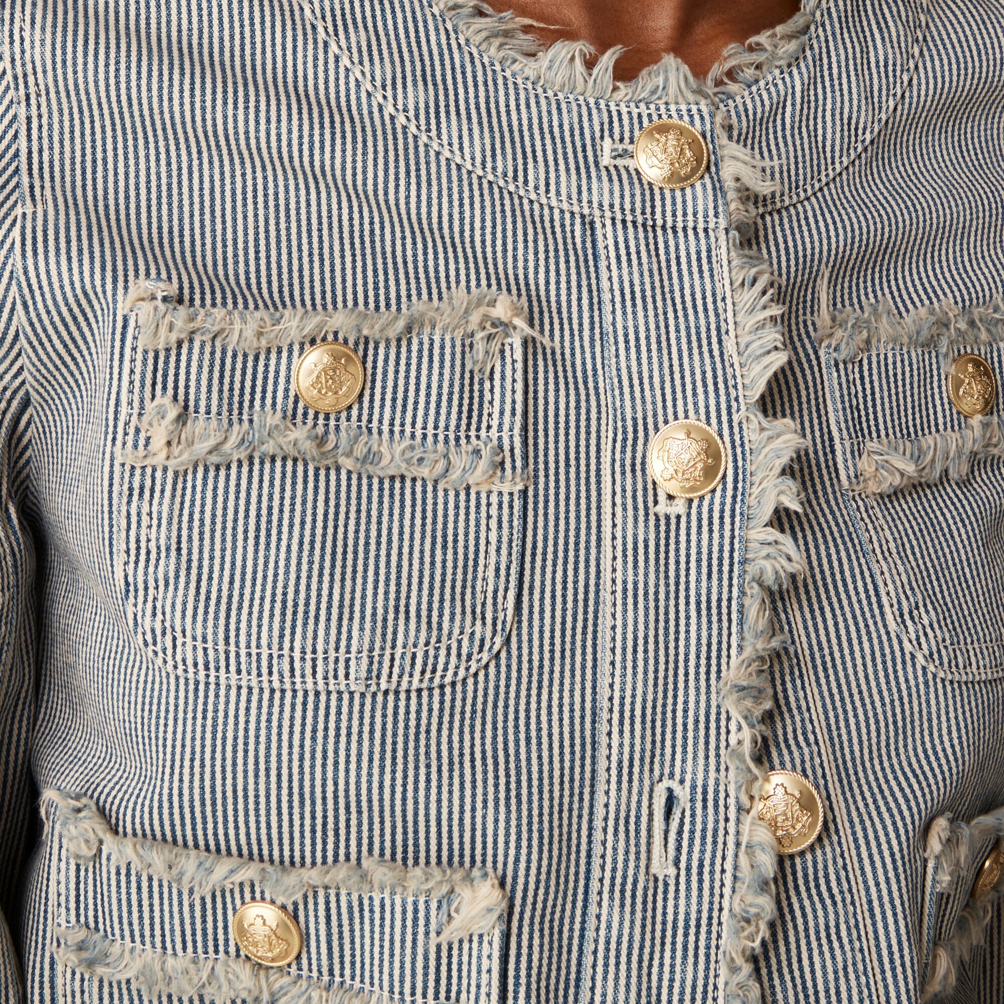Crew Neck Frayed Jacket with Buttons